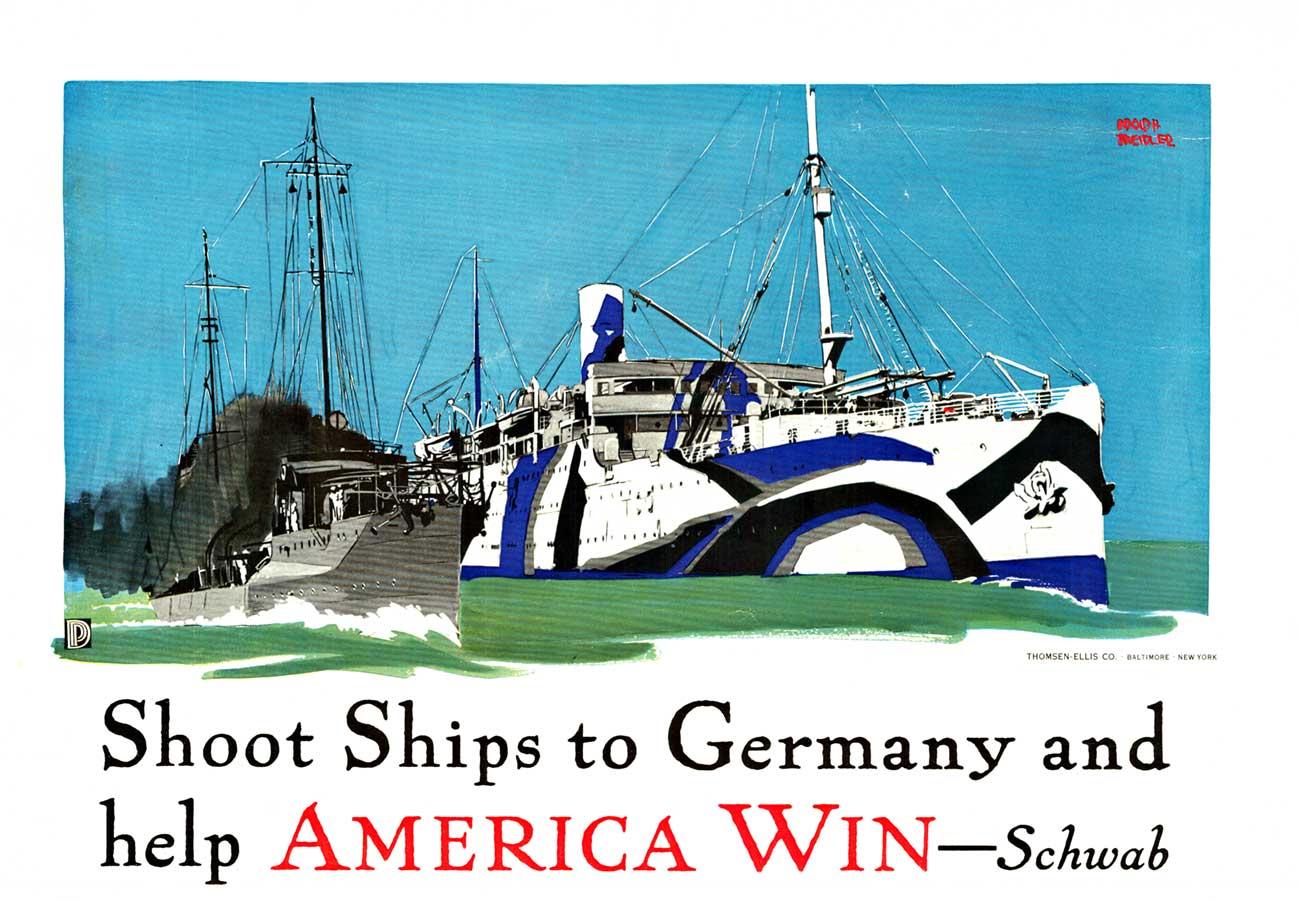 Original-Vintage-Poster „Shoot Ships to Germany and help America Win“  1918 – Print von Adolf Treidler