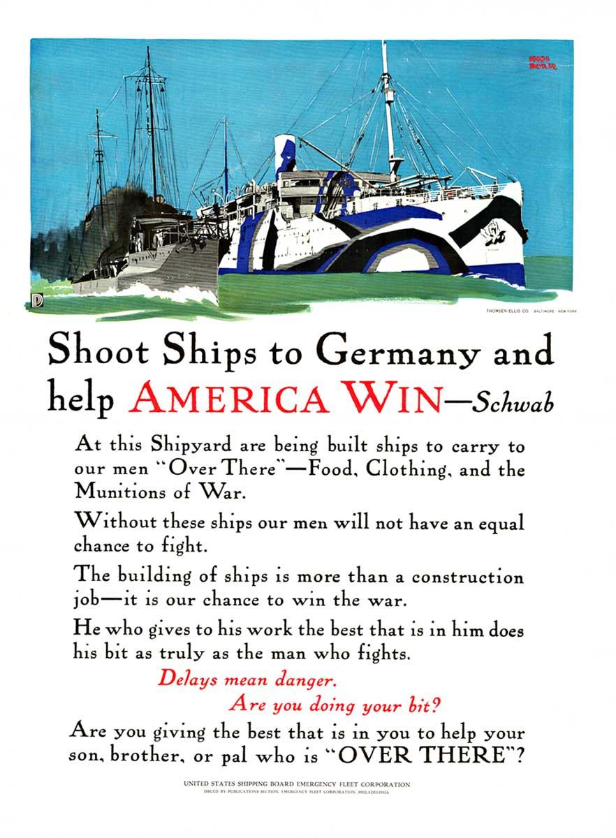 Adolf Treidler Landscape Print – Original-Vintage-Poster „Shoot Ships to Germany and help America Win“  1918