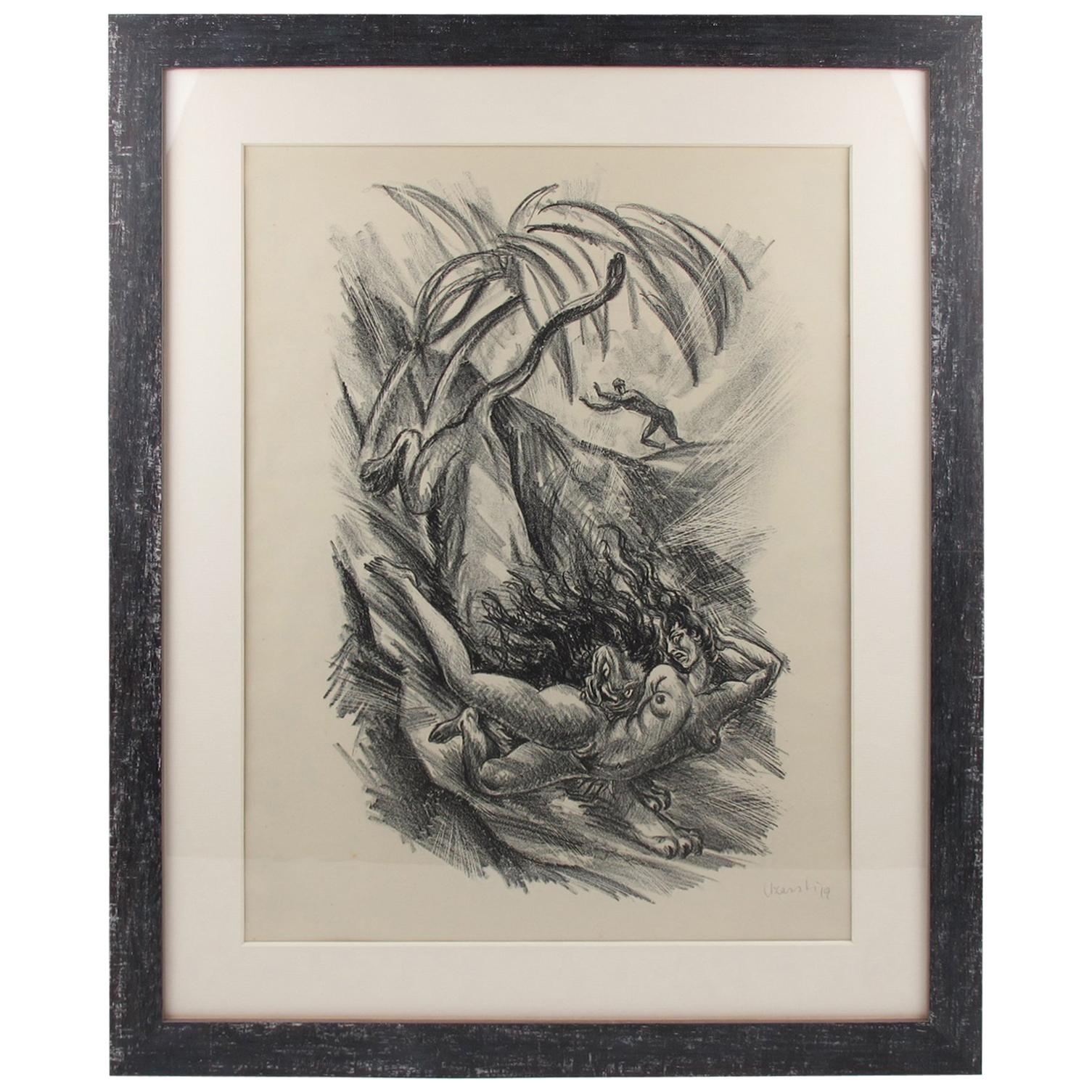 Adolf Uzarski 1919 Charcoal Drawing Lithograph, Tales of the Parrot