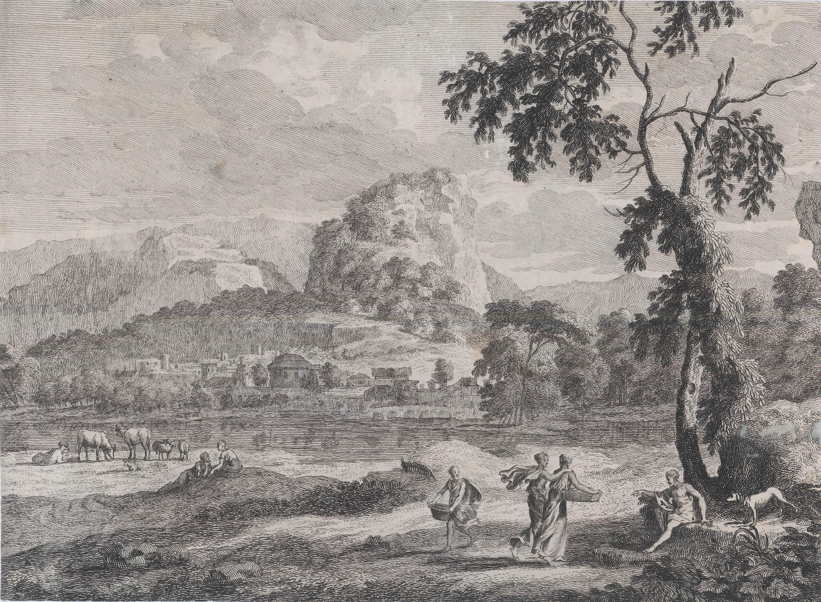 Adolf van der Laan Landscape Print - Arcadian riverscape with different figures by a tree [Arcadisch rivierlandschap]