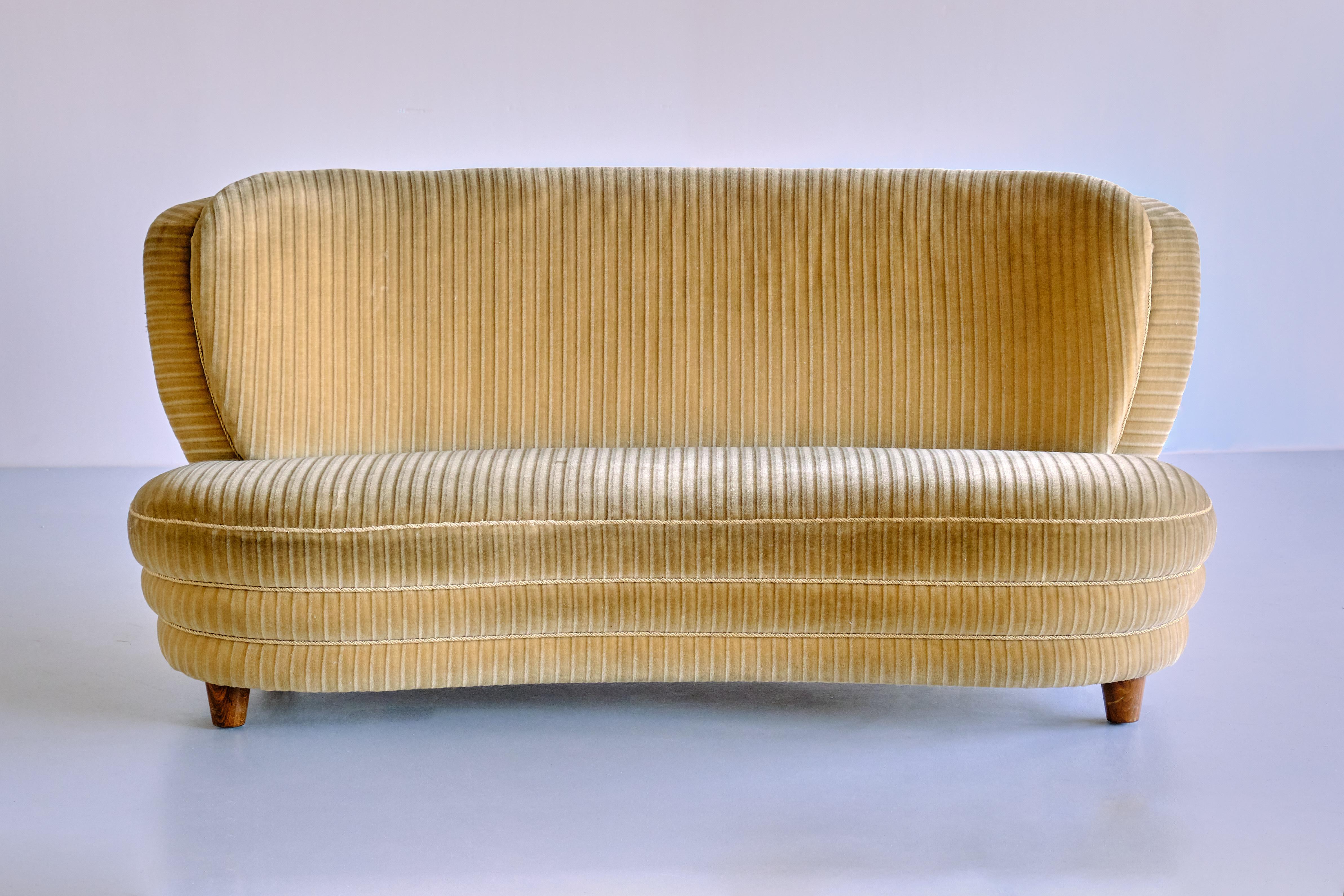 Adolf Wrenger Curved Sofa in Striped Mohair Velvet and Oak, Germany, Early 1950s 10