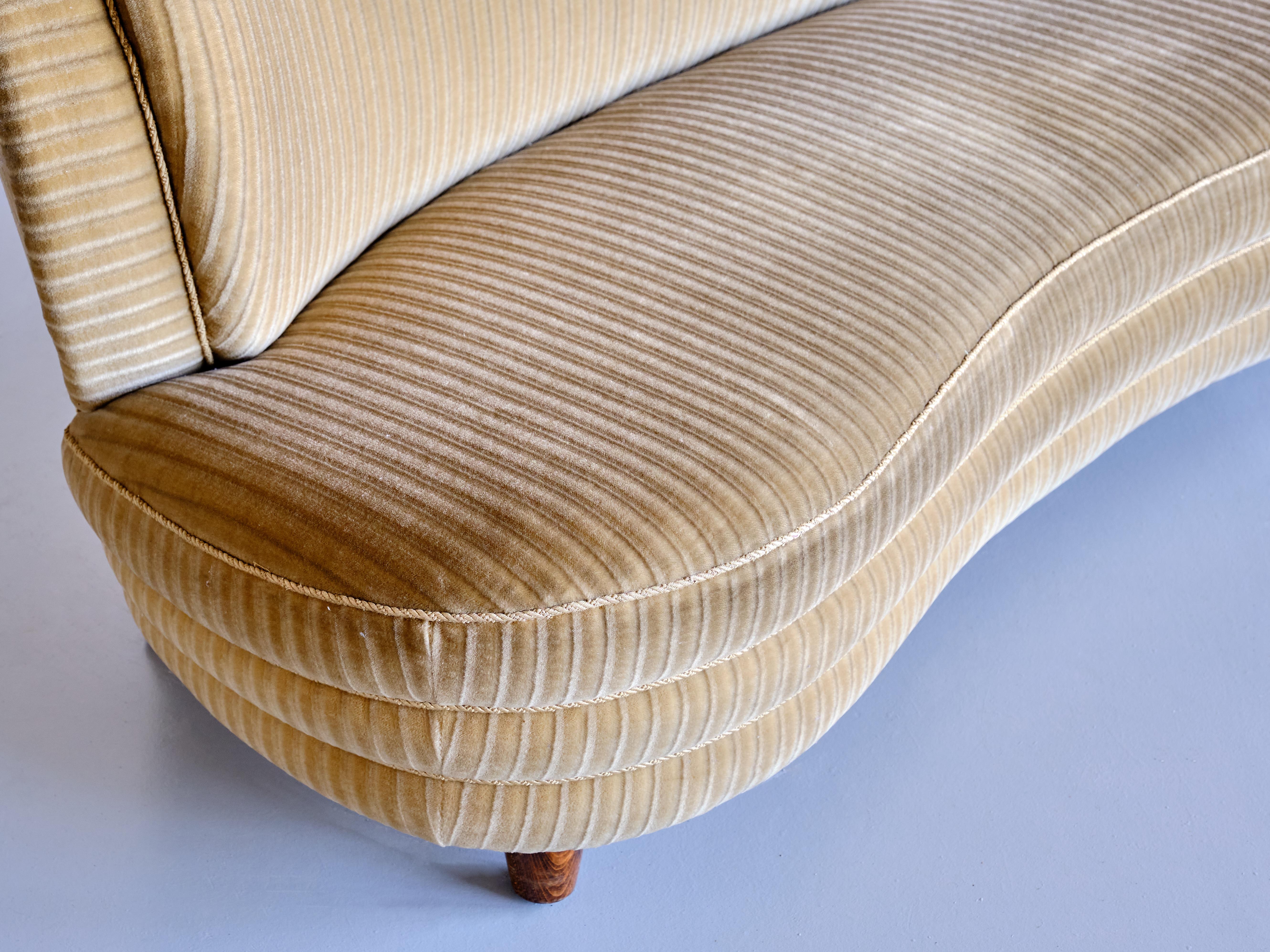 Mid-20th Century Adolf Wrenger Curved Sofa in Striped Mohair Velvet and Oak, Germany, Early 1950s