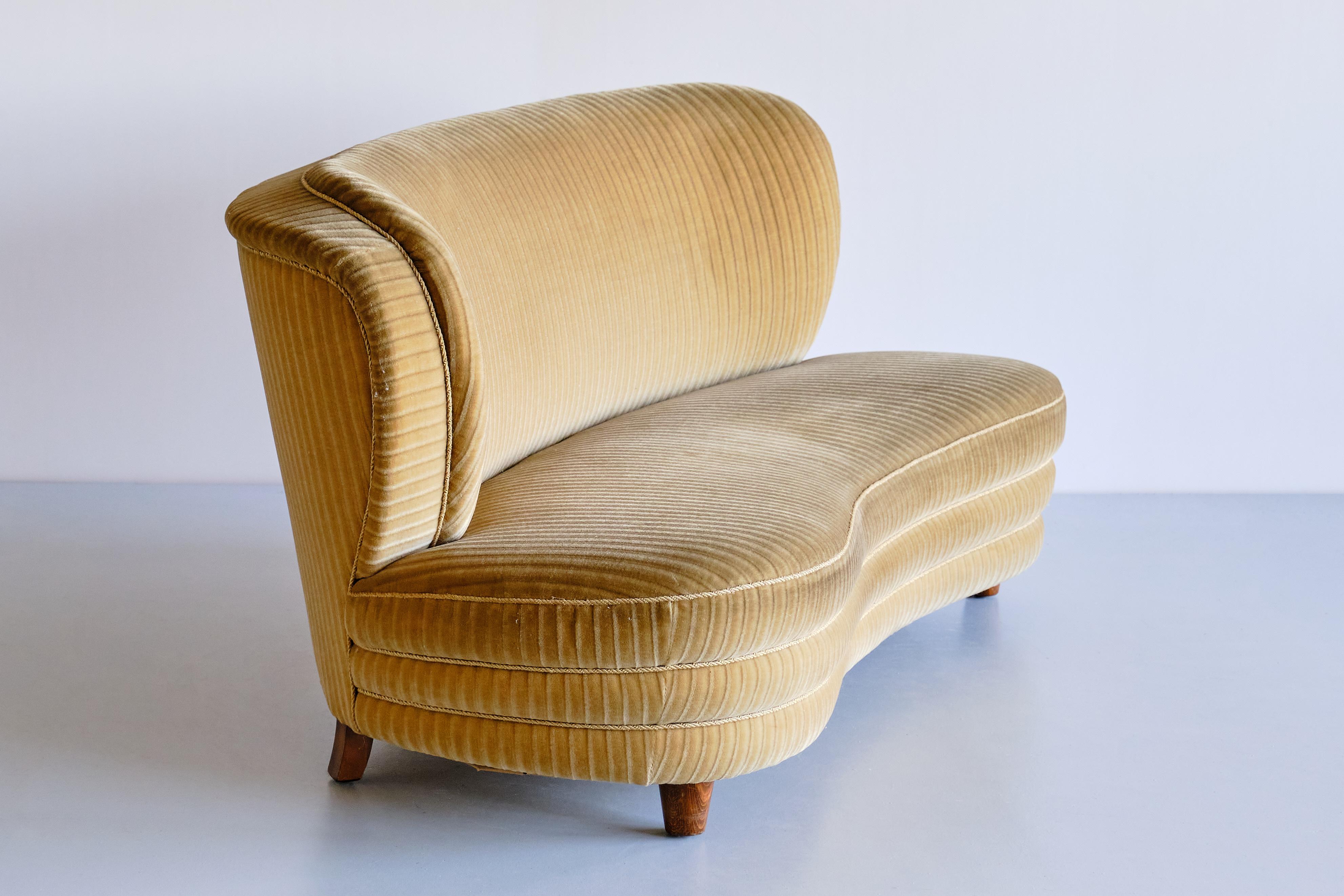 Fabric Adolf Wrenger Curved Sofa in Striped Mohair Velvet and Oak, Germany, Early 1950s
