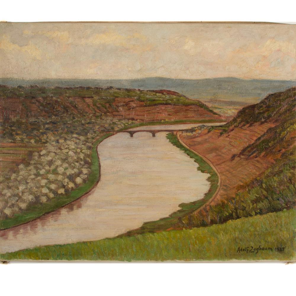 Adolf Zogbaum (German 1883 - 1961) View of Moselle River, oil on canvas painting. Signed lower right and dated 1935. (unframed)