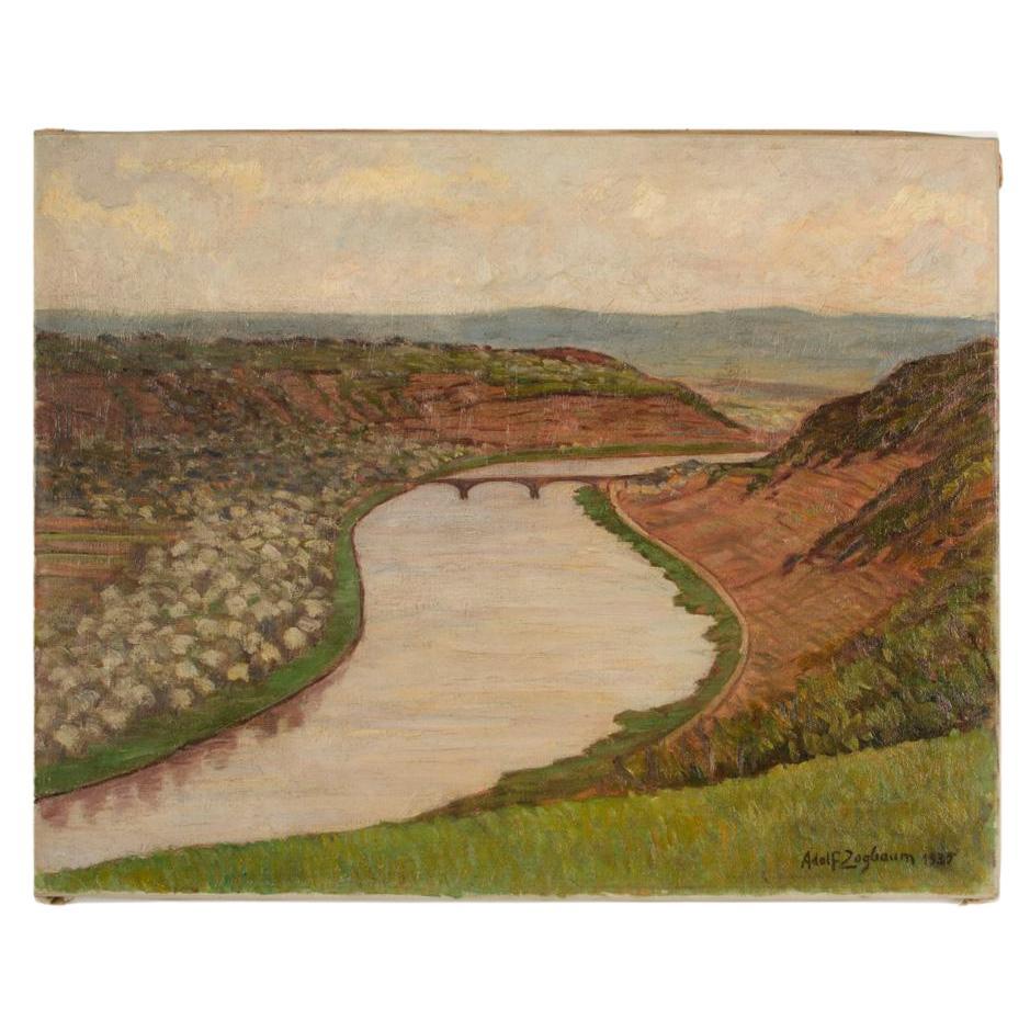 Adolf Zogbaum (German 1883 - 1961) View of Moselle River, oil on canvas painting For Sale