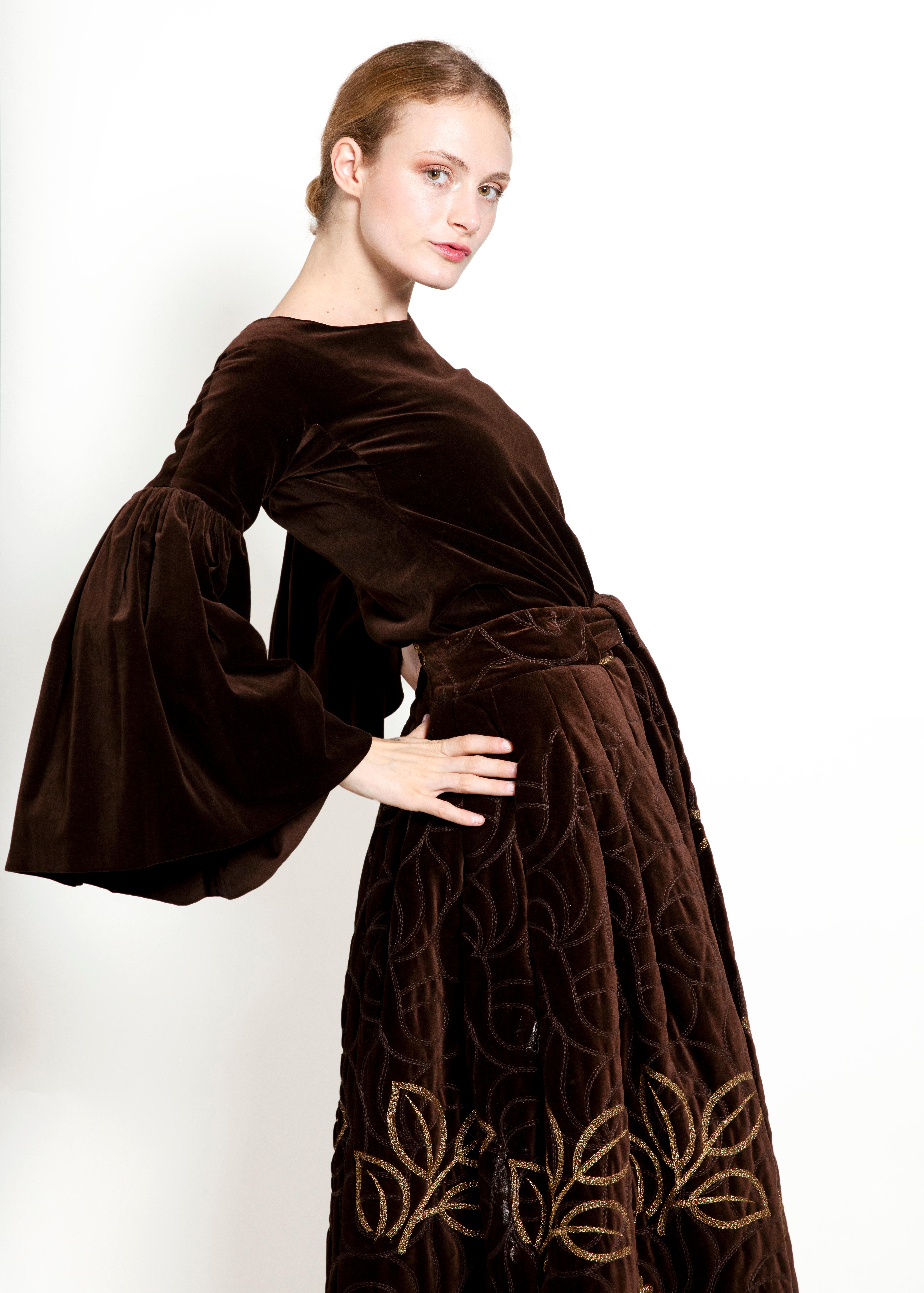 Adolfo 1969 Choc Brn Velvet Embroidered Skirt Set In Excellent Condition For Sale In Los Angeles, CA
