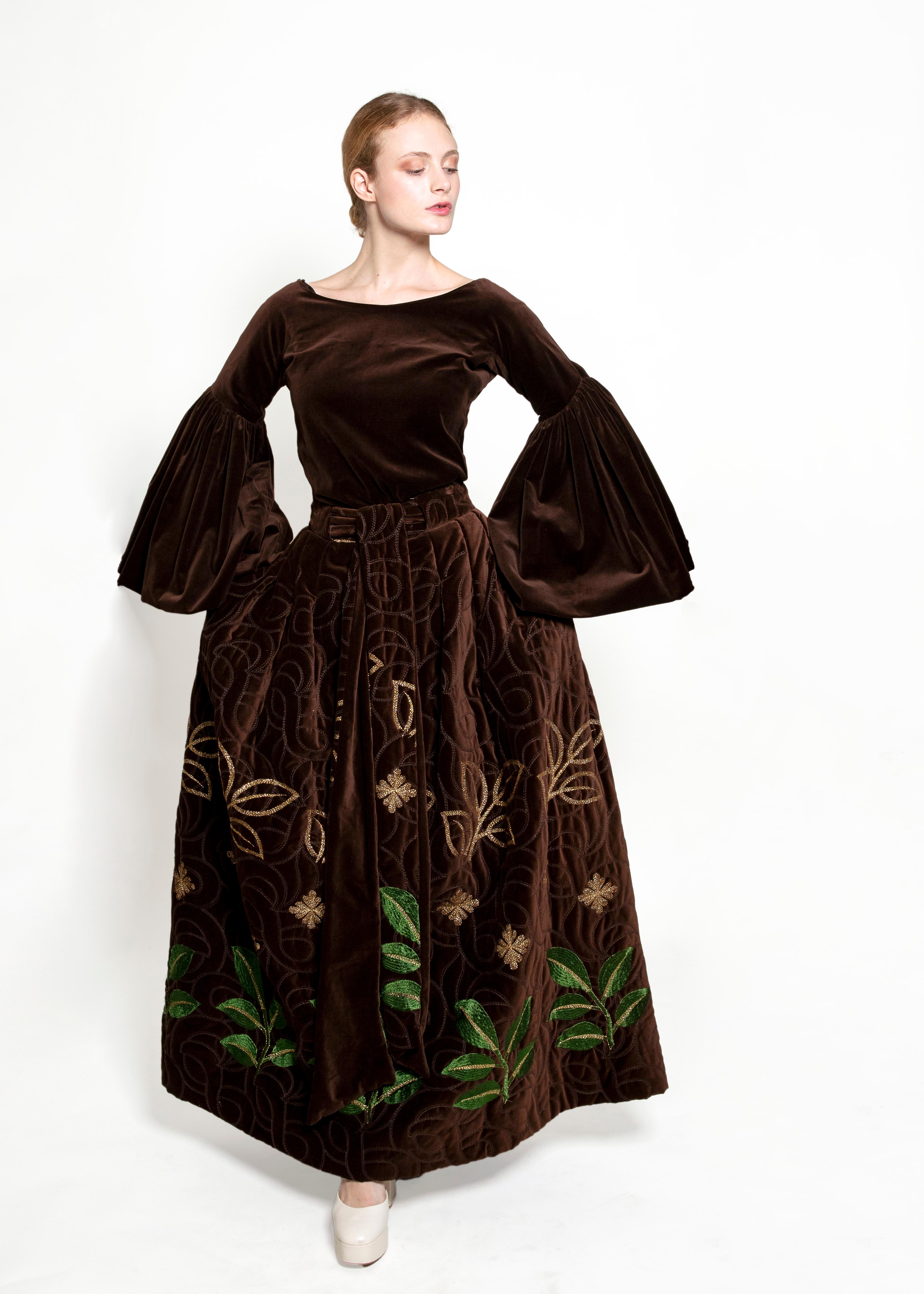 Adolfo 1969 Choc Brn Velvet Embroidered Skirt Set For Sale 3