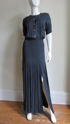 Adolfo 1970s Navy Silk Car Wash Maxi Dress