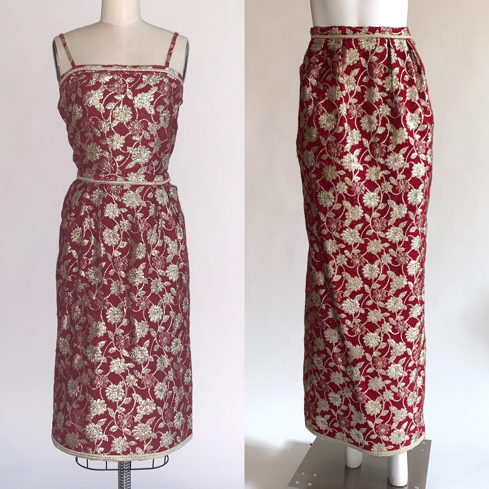 Three piece vintage Adolfo burgundy red and metallic floral brocade skirt(s) and top set, circa 1970s- 80s, ensures you're set for any occasion! Pair the the bodice with the long skirt for formal events, or the shorter skirt for cocktails! (Or pair