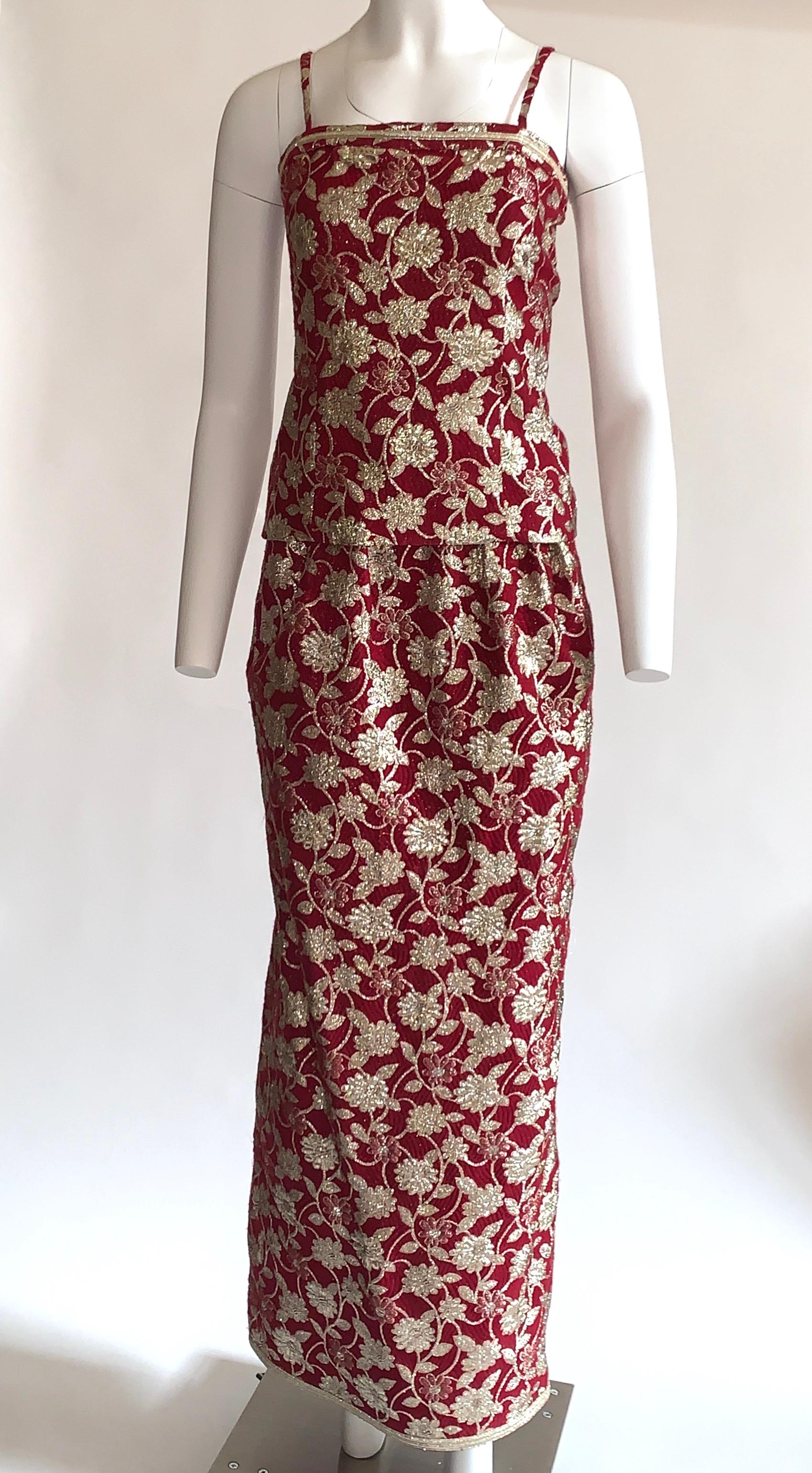 Adolfo 1970s Three Piece Red and Metallic Midi or Maxi Skirt and Tank Dress Set  In Good Condition For Sale In San Francisco, CA