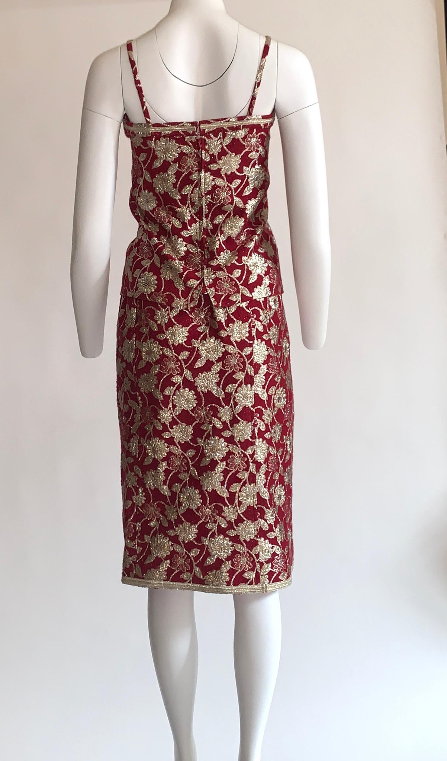 Adolfo 1970s Three Piece Red and Metallic Midi or Maxi Skirt and Tank Dress Set For Sale 1