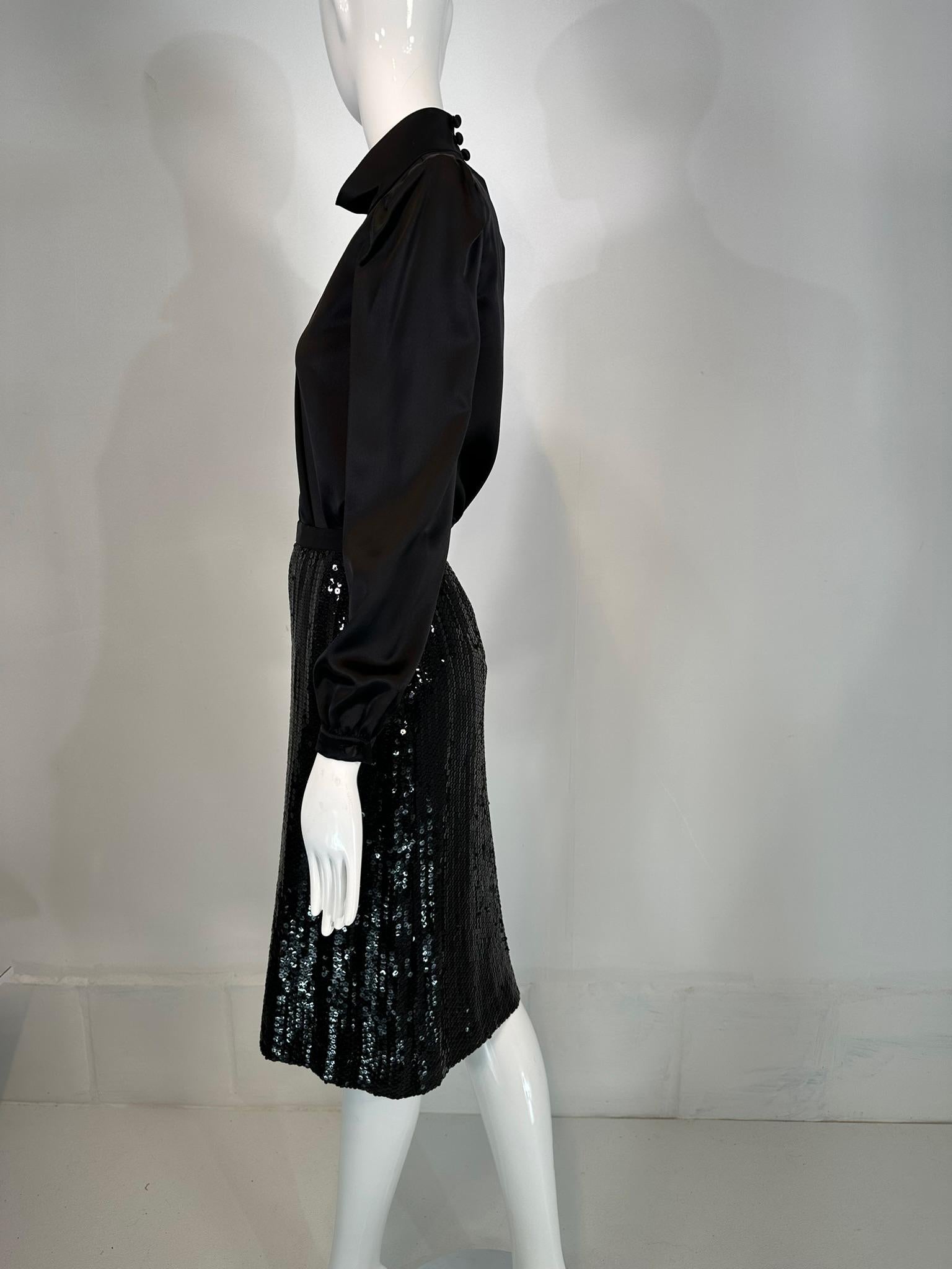 Adolfo 1980s Black Satin Poet Sleeve Blouse & Coordinating Black Sequin Skirt 4 For Sale 6