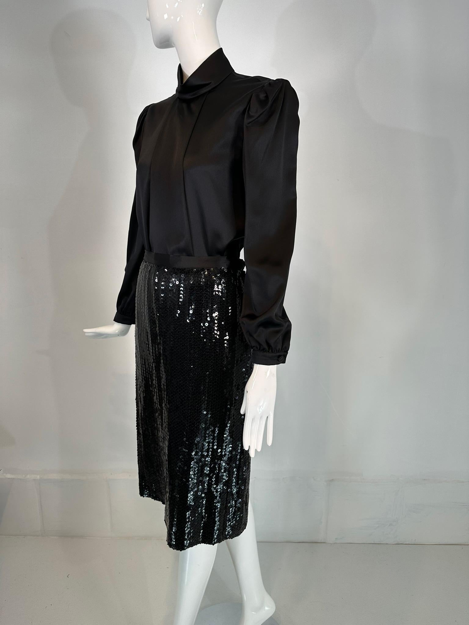 Adolfo 1980s Black Satin Poet Sleeve Blouse & Coordinating Black Sequin Skirt 4 For Sale 7