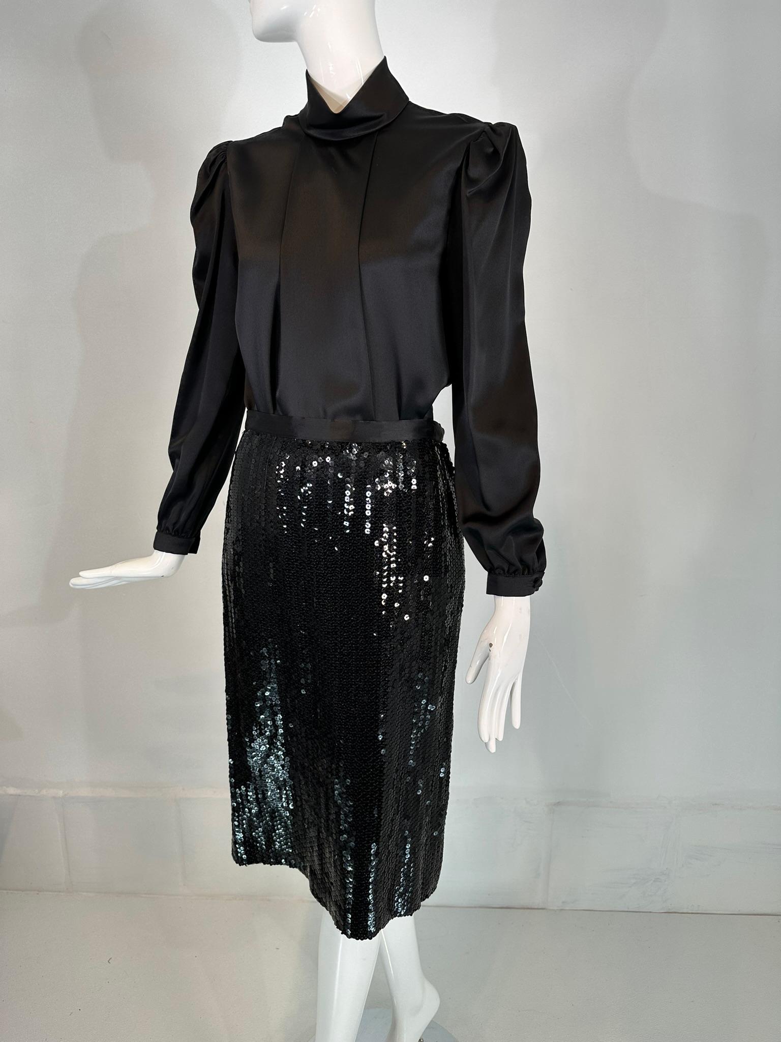 Adolfo 1980s Black Satin Poet Sleeve Blouse & Coordinating Black Sequin Skirt 4 For Sale 8
