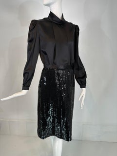Adolfo 1980s Black Satin Poet Sleeve Blouse & Coordinating Black Sequin Skirt 4