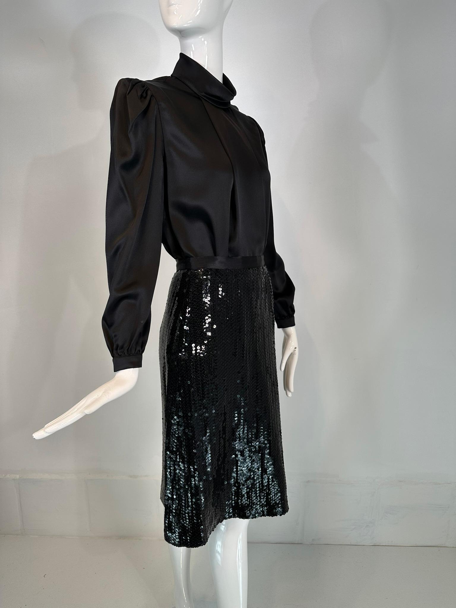 Adolfo 1980s Black Satin Poet Sleeve Blouse & Coordinating Black Sequin Skirt 4 In Good Condition For Sale In West Palm Beach, FL