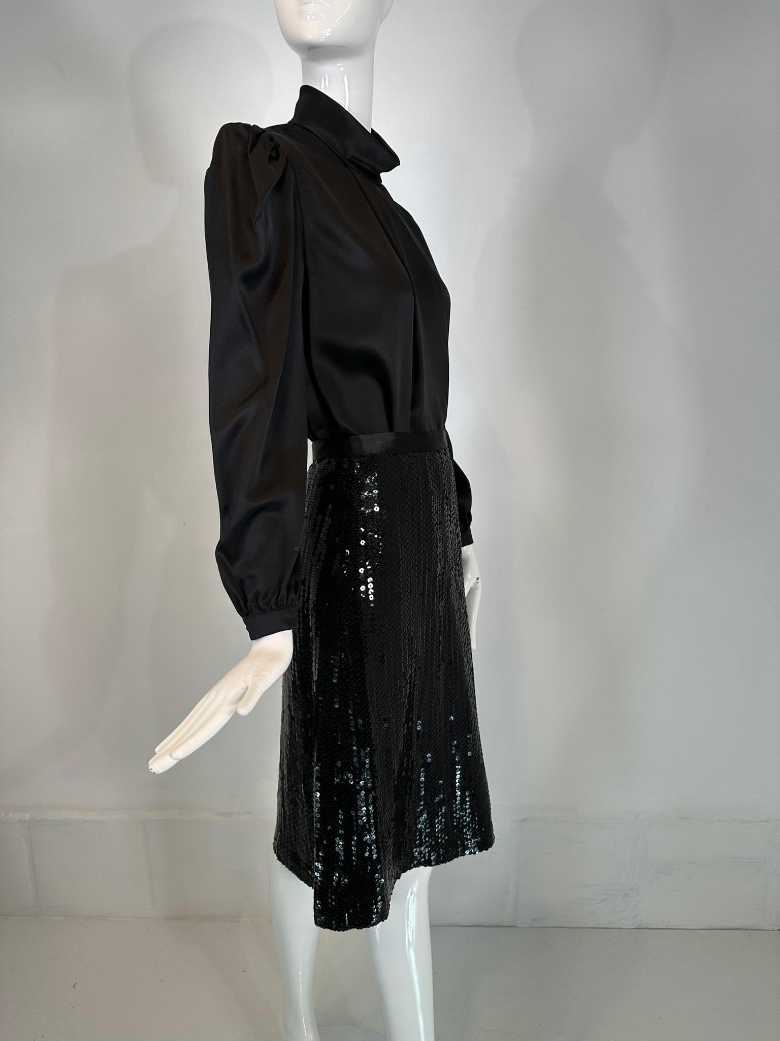 Women's Adolfo 1980s Black Satin Poet Sleeve Blouse & Coordinating Black Sequin Skirt 4 For Sale