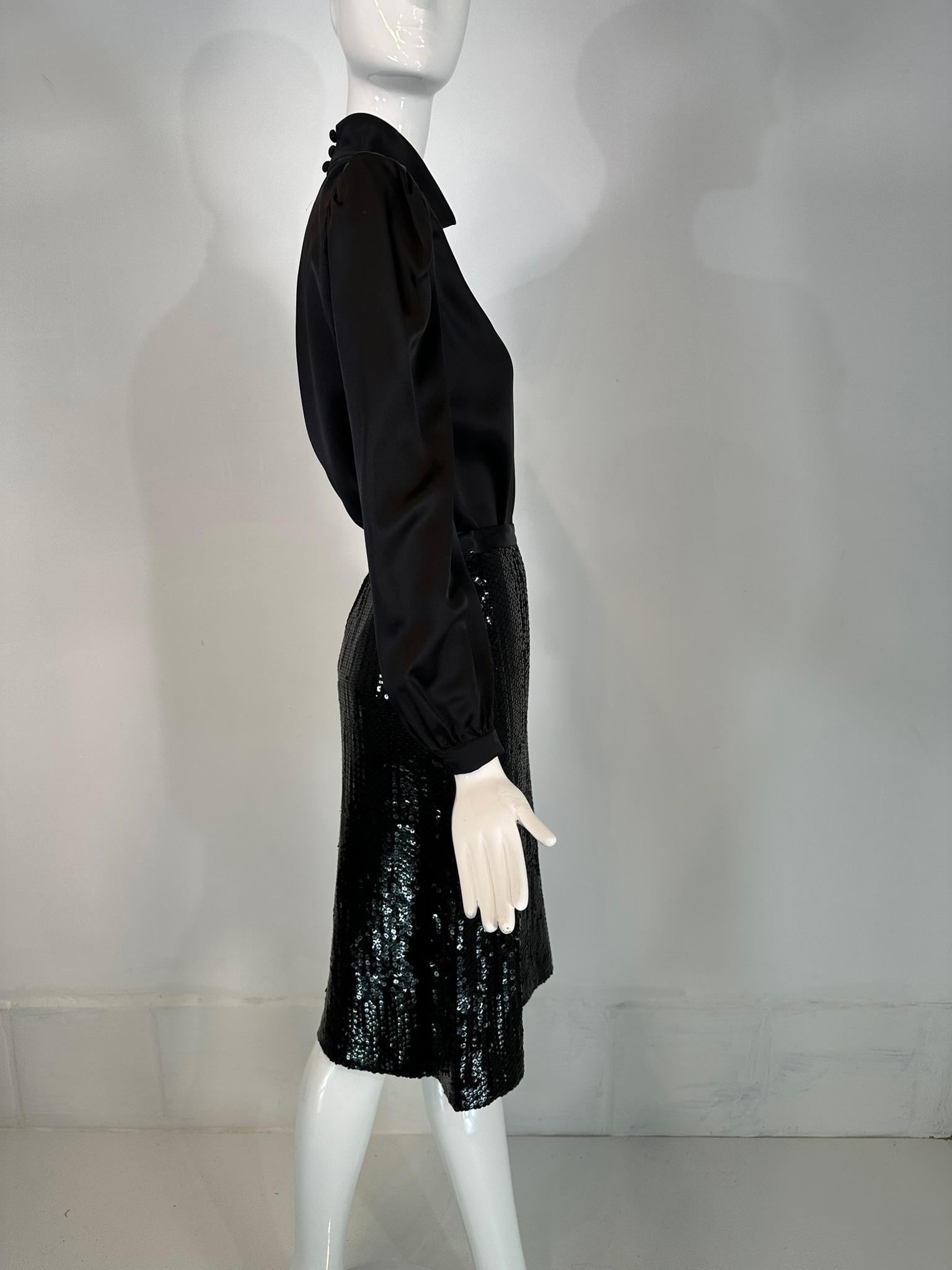 Adolfo 1980s Black Satin Poet Sleeve Blouse & Coordinating Black Sequin Skirt 4 For Sale 1
