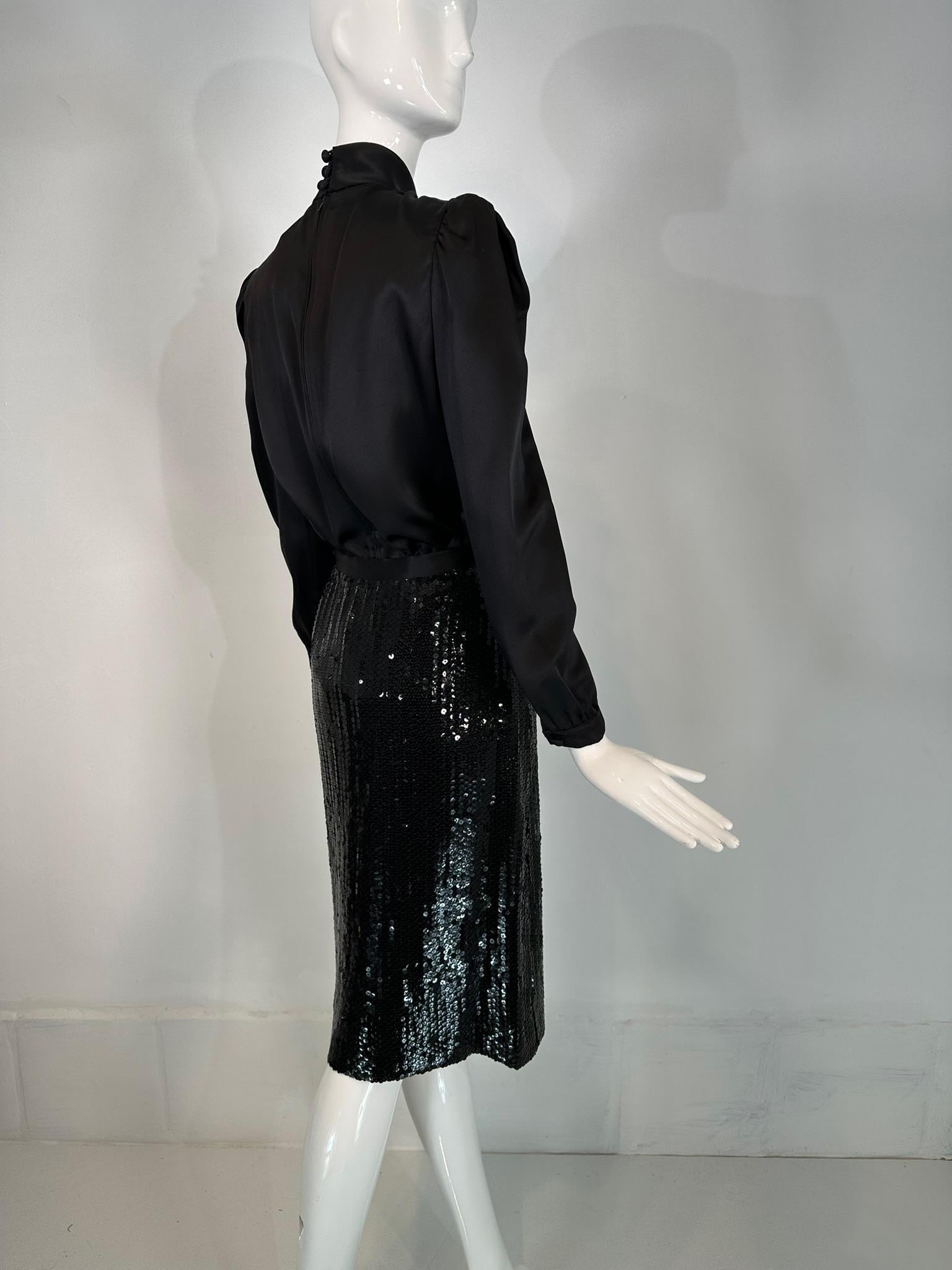 Adolfo 1980s Black Satin Poet Sleeve Blouse & Coordinating Black Sequin Skirt 4 For Sale 2