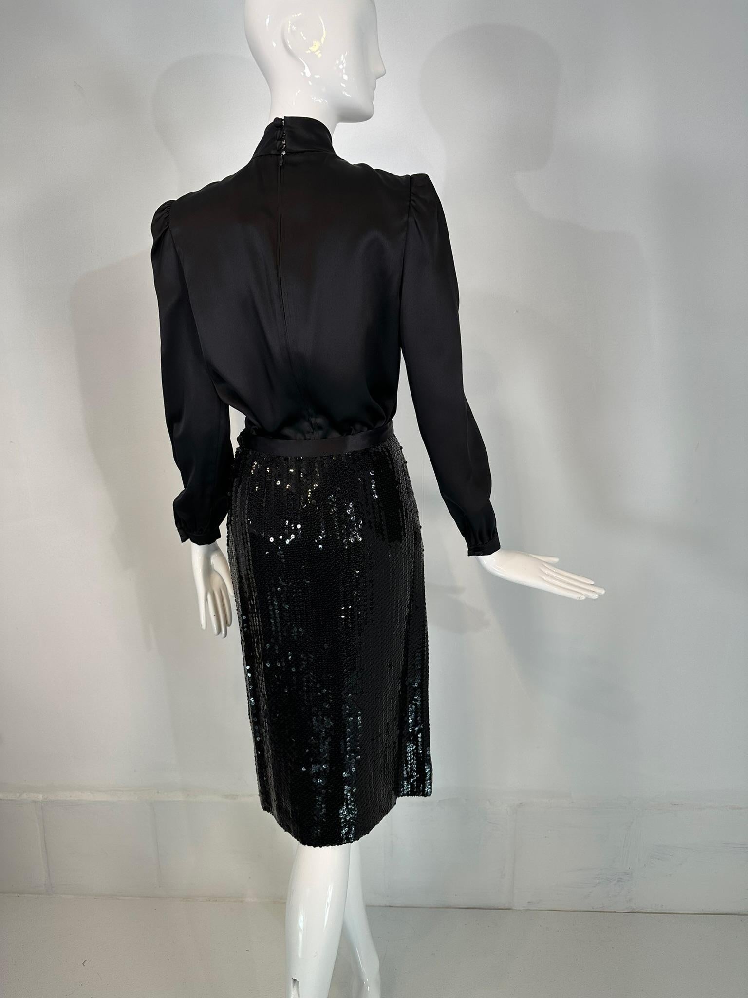 Adolfo 1980s Black Satin Poet Sleeve Blouse & Coordinating Black Sequin Skirt 4 For Sale 3