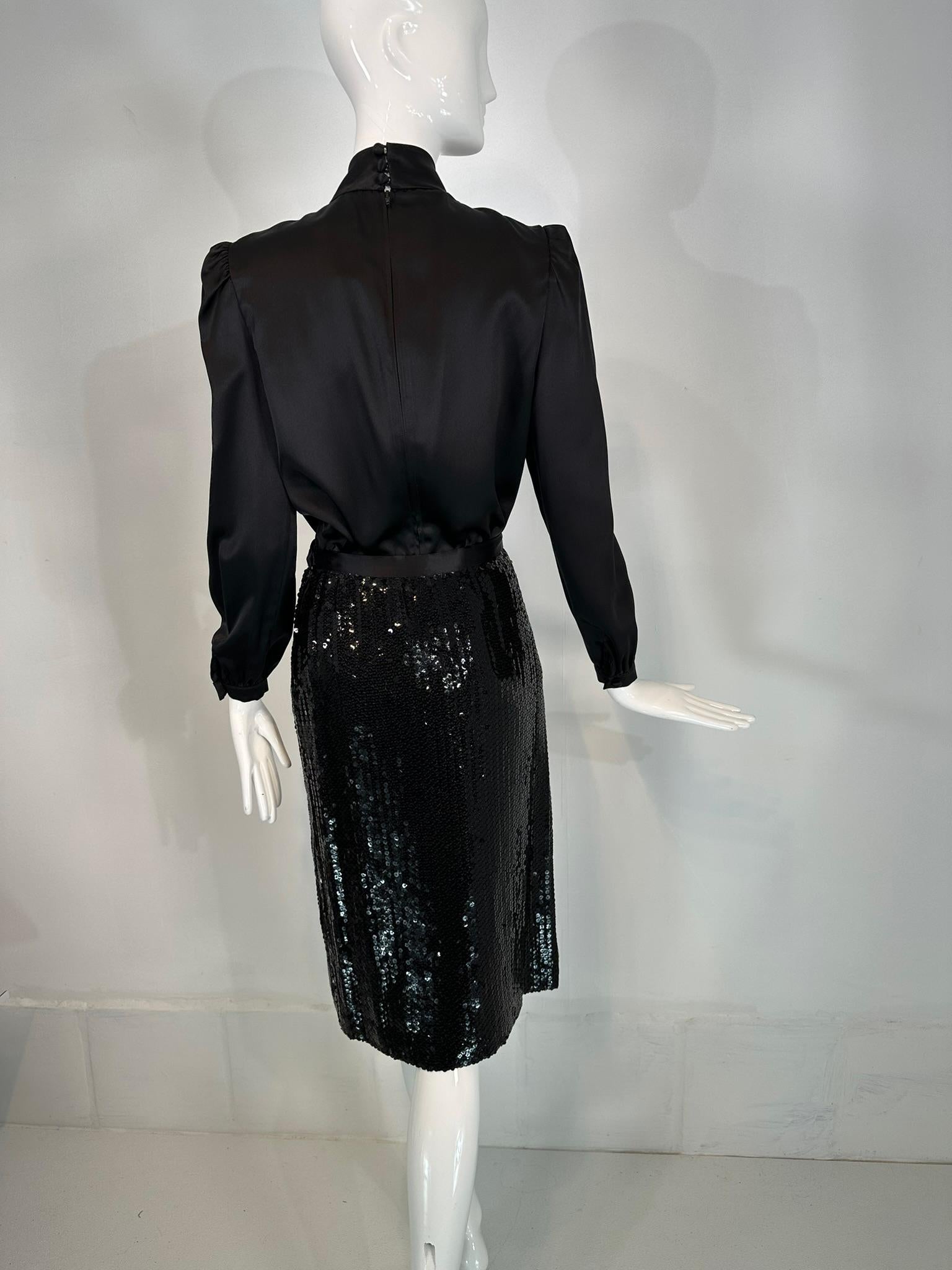Adolfo 1980s Black Satin Poet Sleeve Blouse & Coordinating Black Sequin Skirt 4 For Sale 4