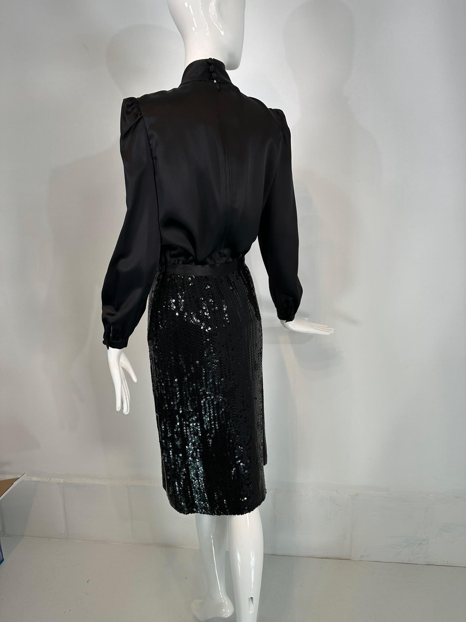 Adolfo 1980s Black Satin Poet Sleeve Blouse & Coordinating Black Sequin Skirt 4 For Sale 5