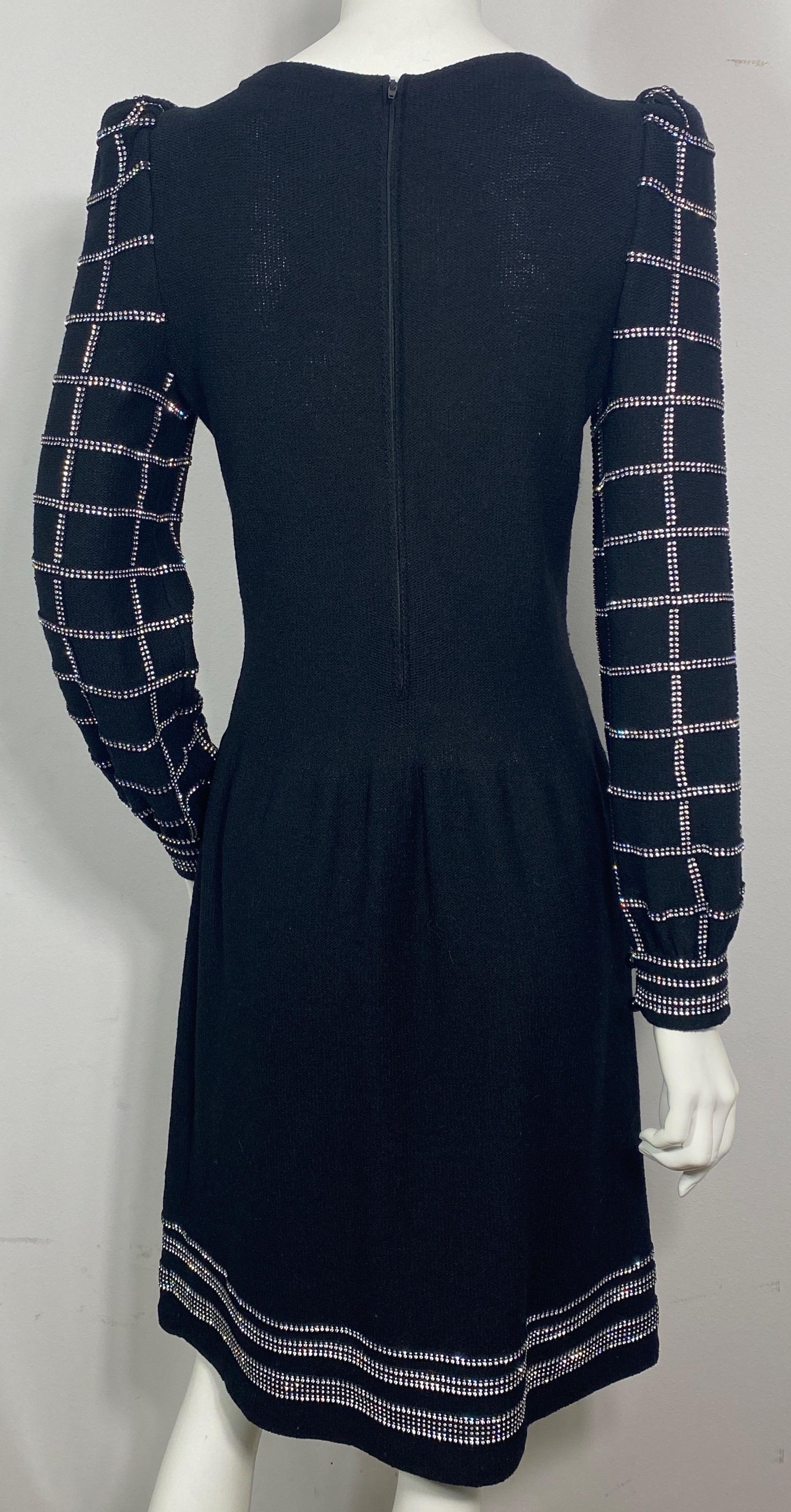 Adolfo 1980’s Black Wool Knit Rhinestone Embellished Dress- Size 6 For Sale 6
