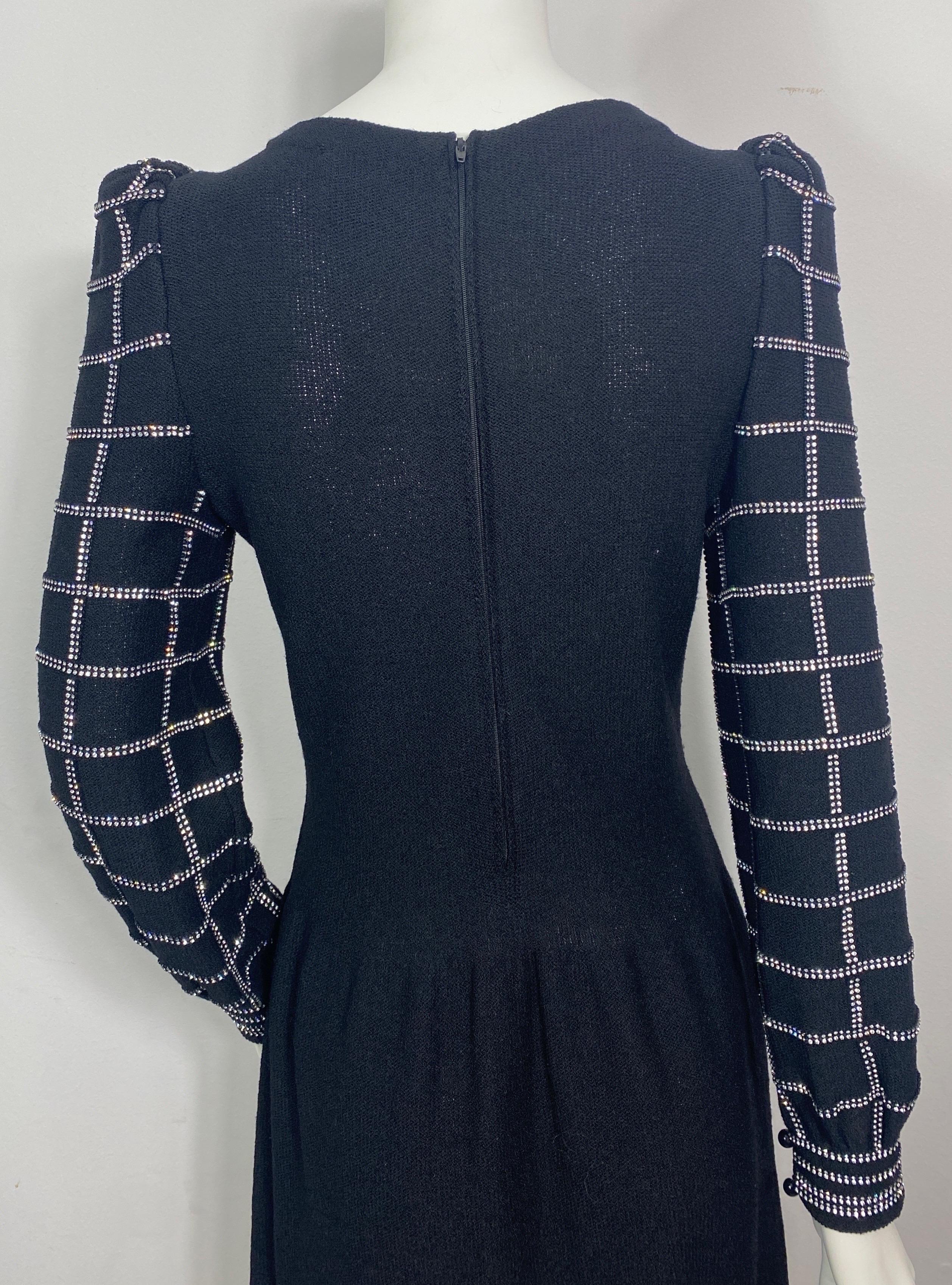 Adolfo 1980’s Black Wool Knit Rhinestone Embellished Dress- Size 6 For Sale 7