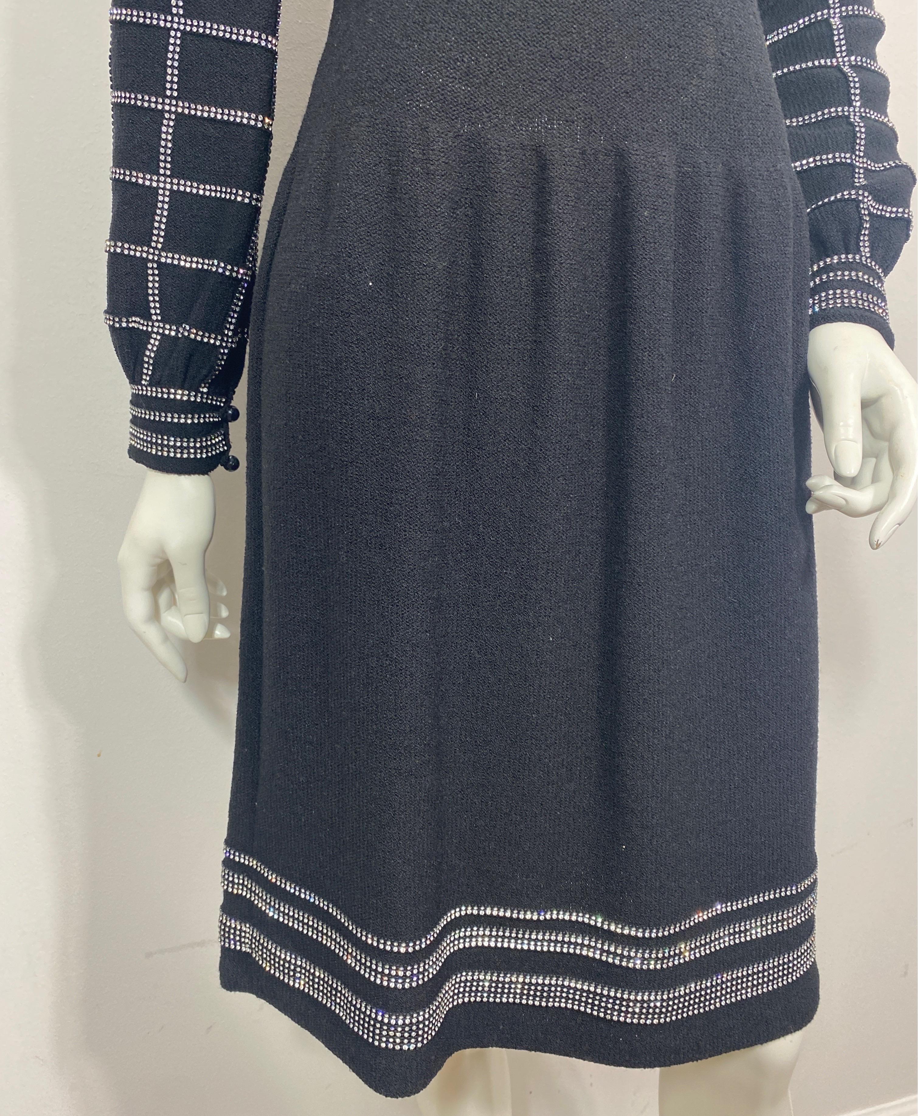 Women's Adolfo 1980’s Black Wool Knit Rhinestone Embellished Dress- Size 6 For Sale