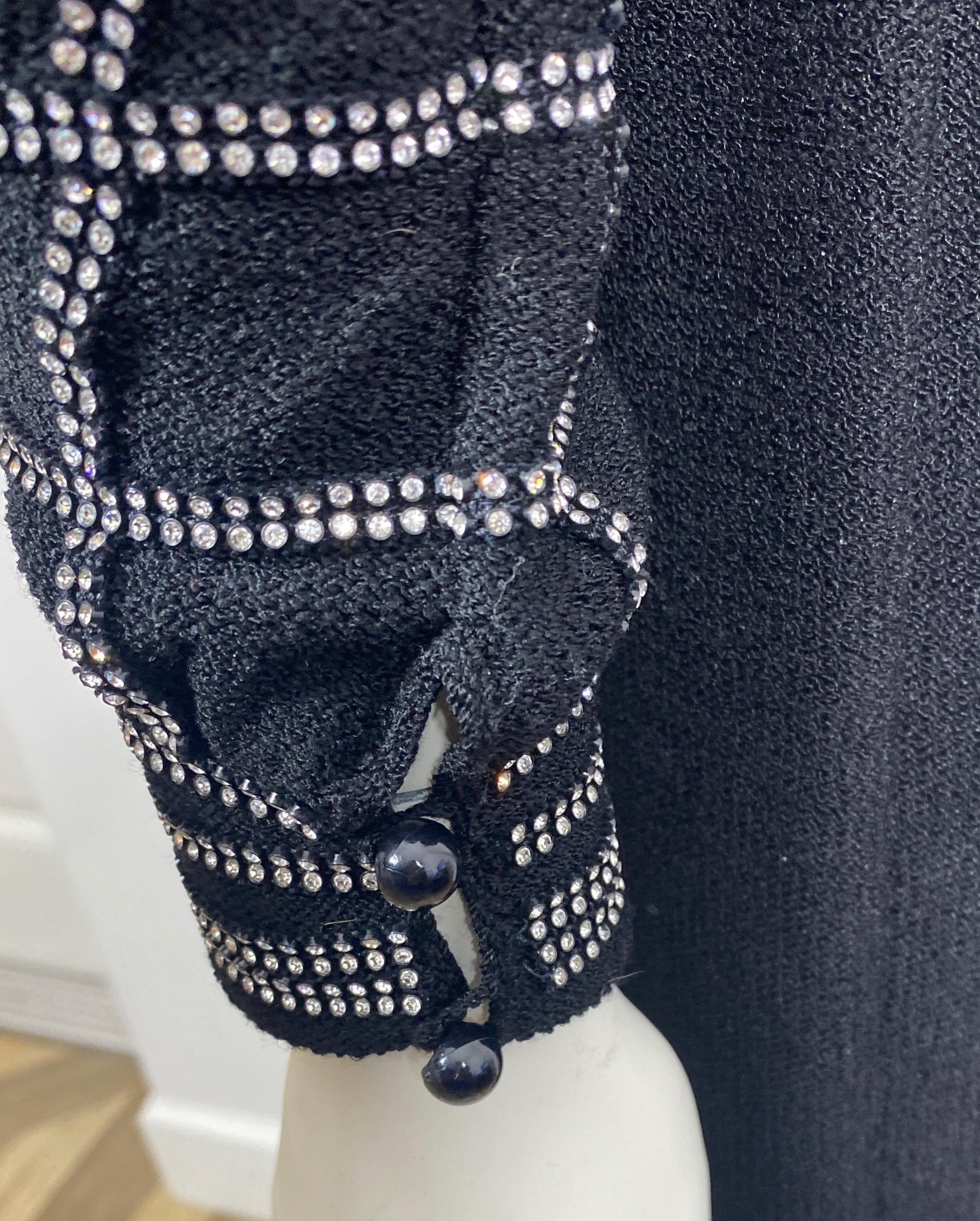 Adolfo 1980’s Black Wool Knit Rhinestone Embellished Dress- Size 6 For Sale 4