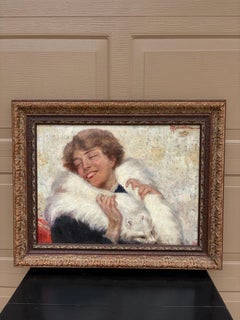Adolfo Belimbau Portrait of a Woman in a White Fox Stole, Italian Oil Painting