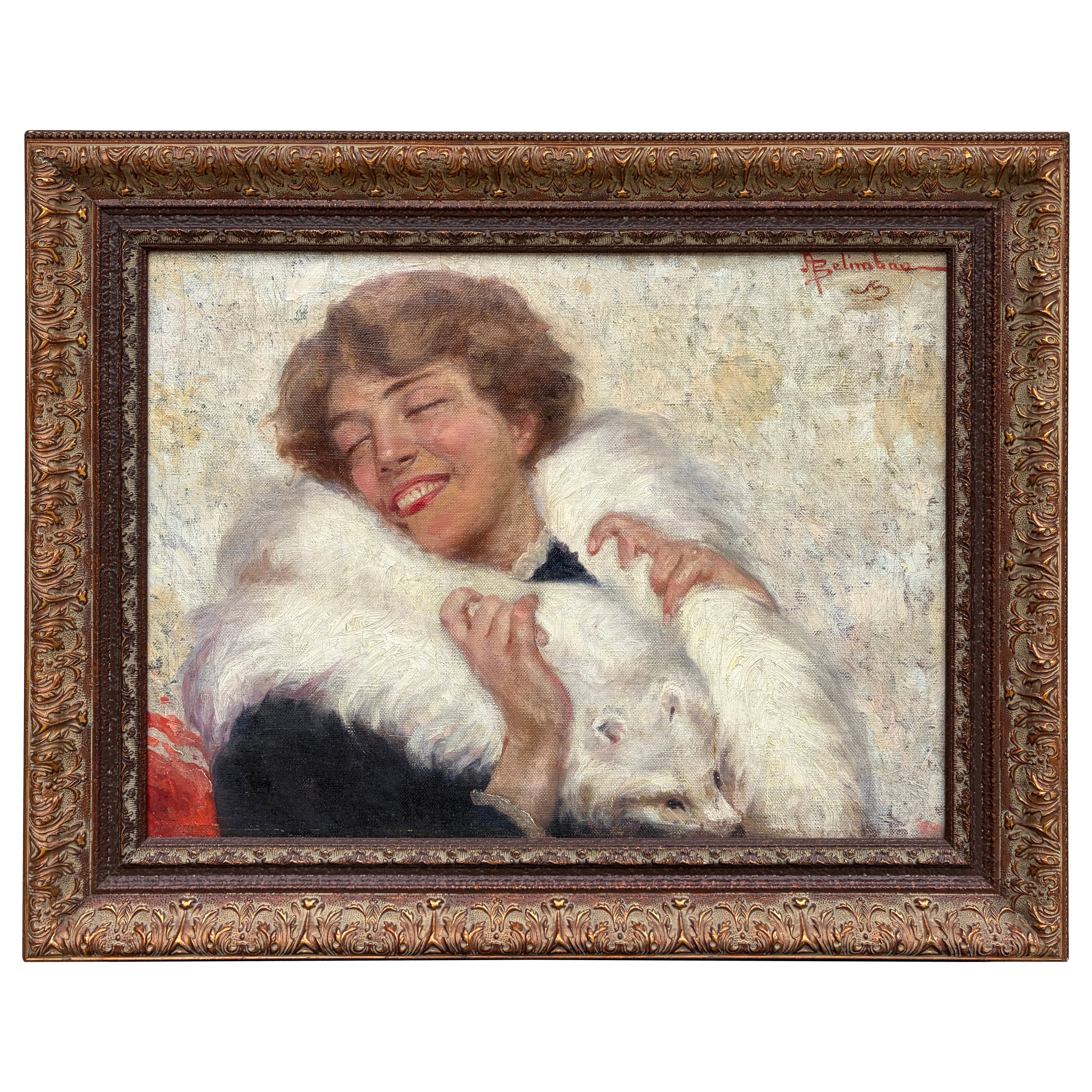 Adolfo Belimbau, Ritratto di una donna con una stola di volpe bianca, dipinto a olio italiano in vendita