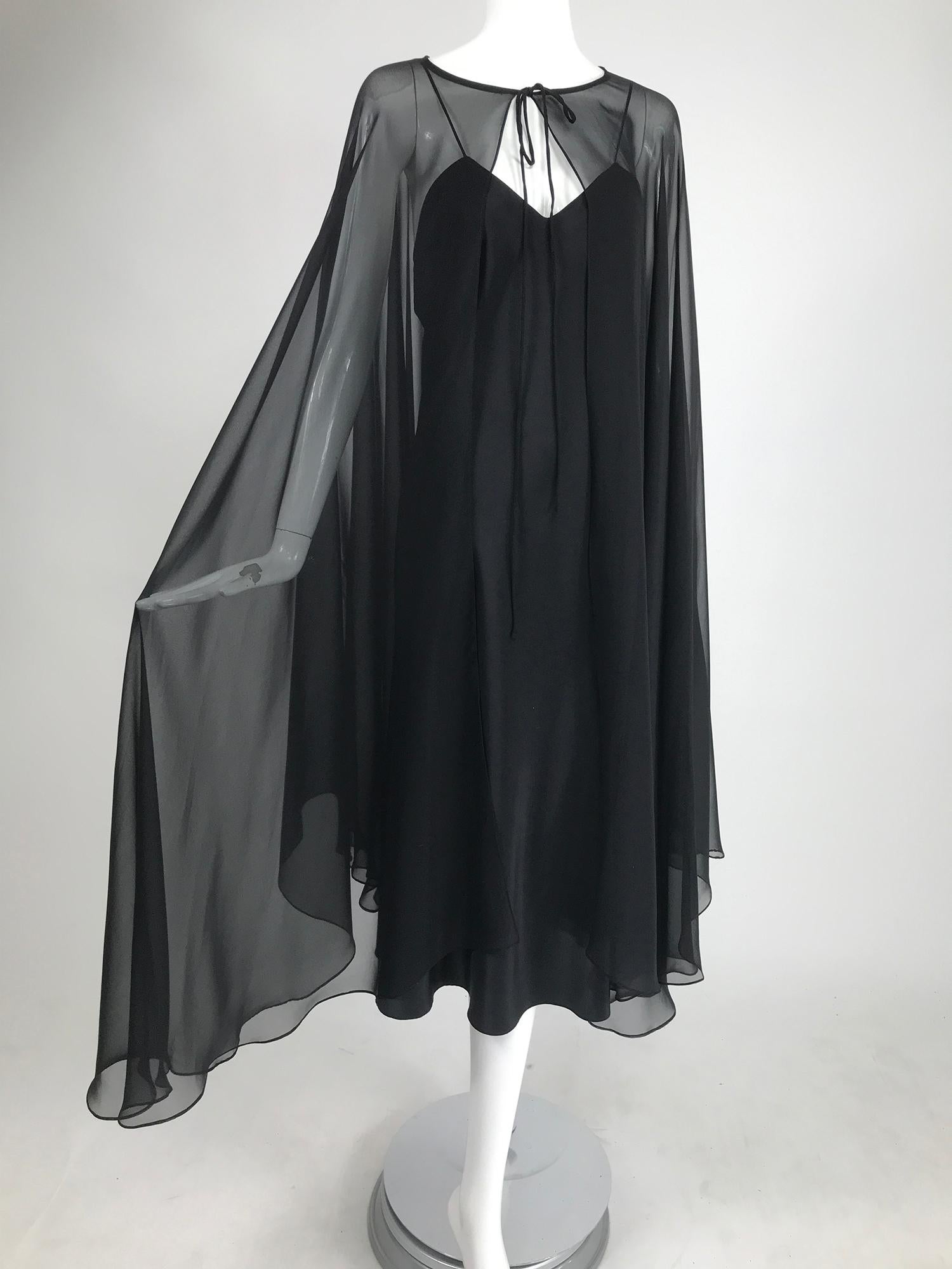 Adolfo Black Bias Cut Silk Slip Dress and Silk Chiffon Cape Set 1970s ...