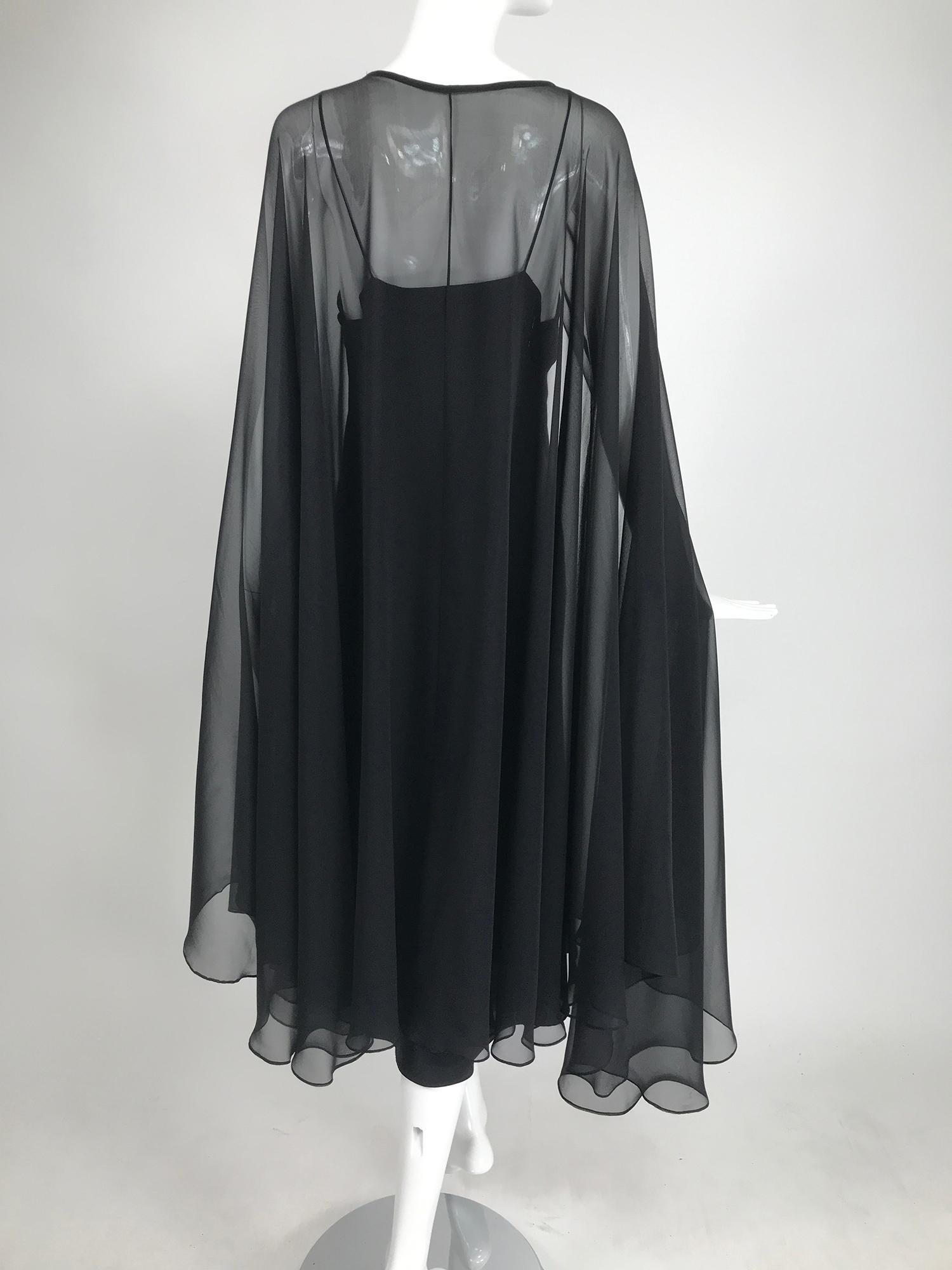 Adolfo Black Bias Cut Silk Slip Dress and Silk Chiffon Cape Set 1970s In Excellent Condition In West Palm Beach, FL