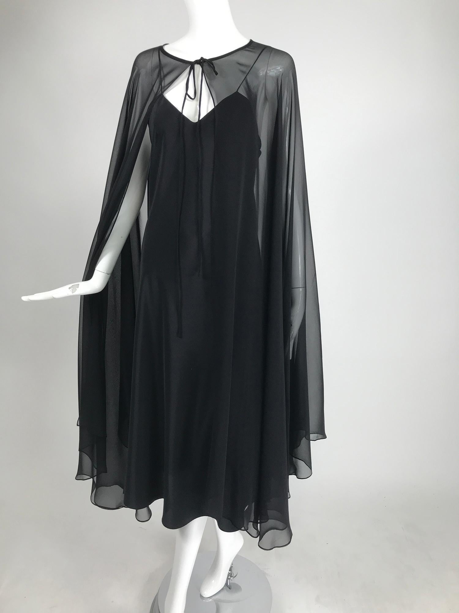 Women's Adolfo Black Bias Cut Silk Slip Dress and Silk Chiffon Cape Set 1970s