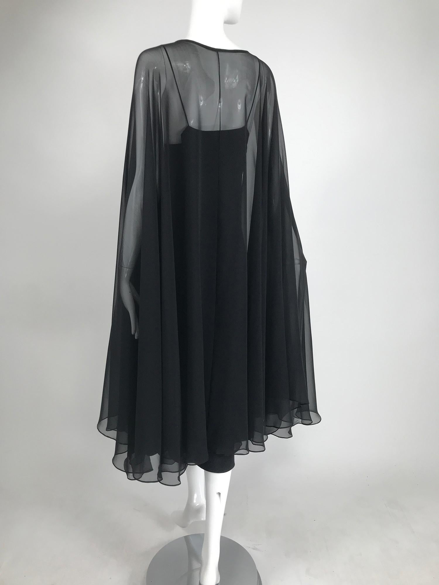 Adolfo Black Bias Cut Silk Slip Dress and Silk Chiffon Cape Set 1970s 1