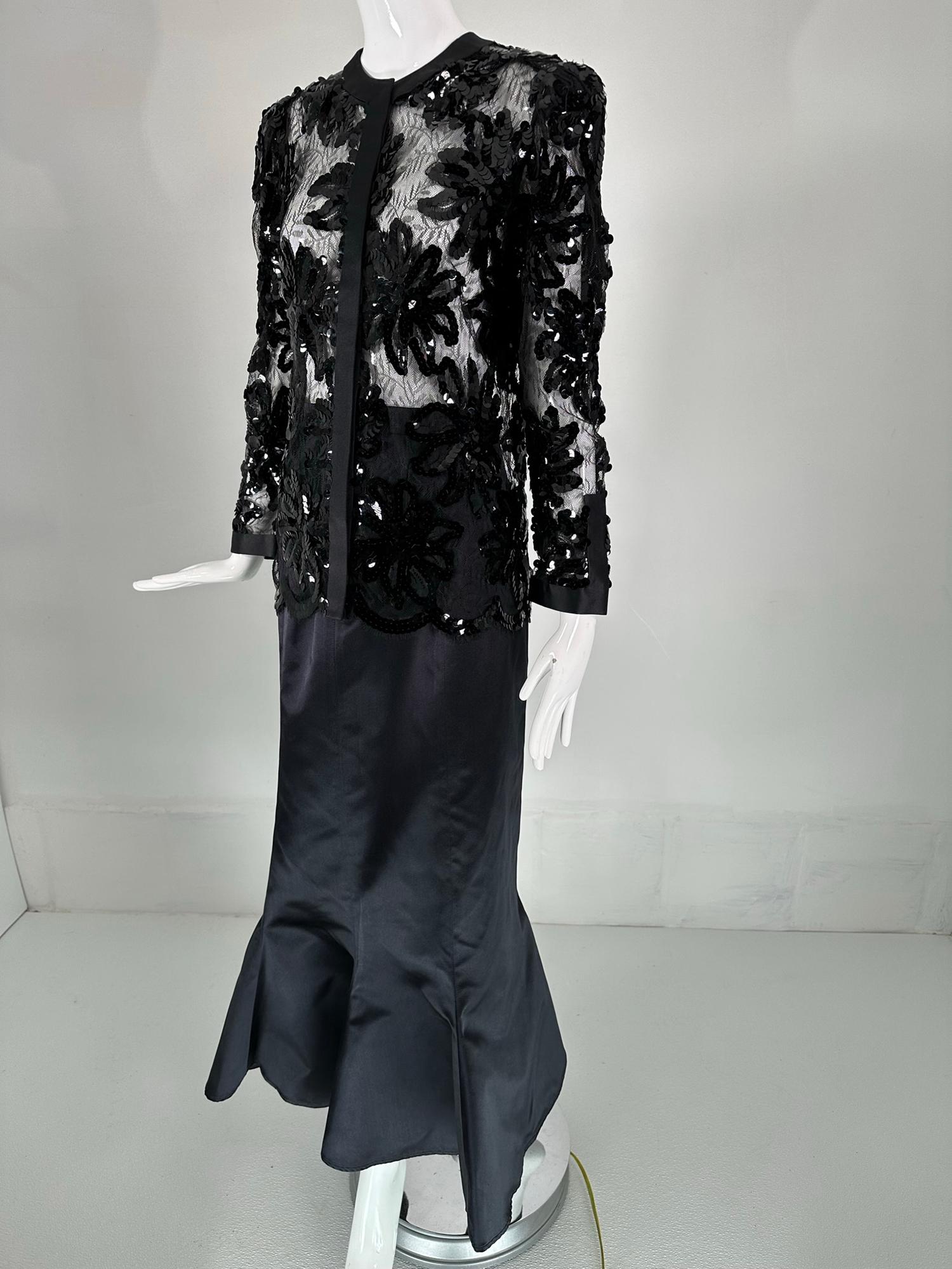 Adolfo Black Silk Sequins & Lace Jacket with Matching Mermaid Hem Skirt 1970s For Sale 7