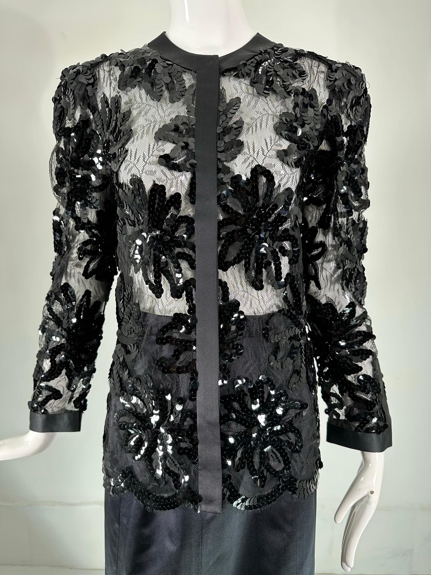 Adolfo Black Silk Sequins & Lace Jacket with Matching Mermaid Hem Skirt 1970s For Sale 8