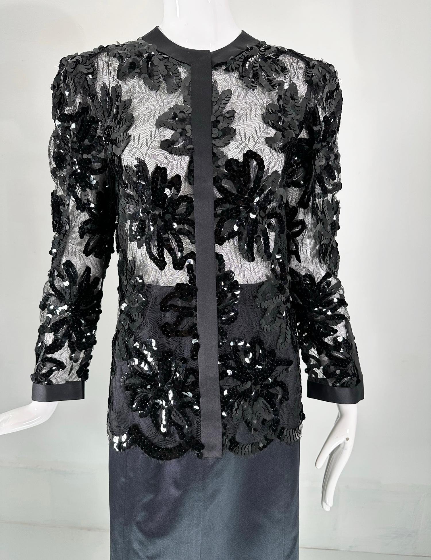 Adolfo Black Silk Sequins & Lace Jacket with Matching Mermaid Hem Skirt 1970s For Sale 9