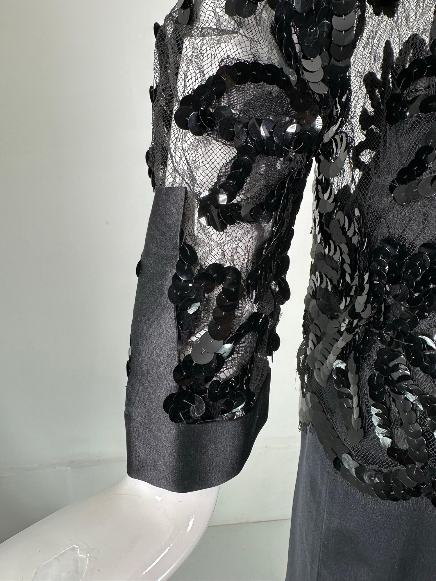 Adolfo Black Silk Sequins & Lace Jacket with Matching Mermaid Hem Skirt 1970s For Sale 11