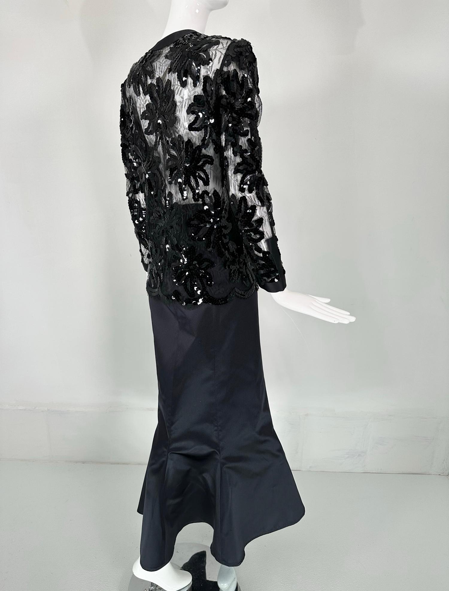 Adolfo Black Silk Sequins & Lace Jacket with Matching Mermaid Hem Skirt 1970s For Sale 1