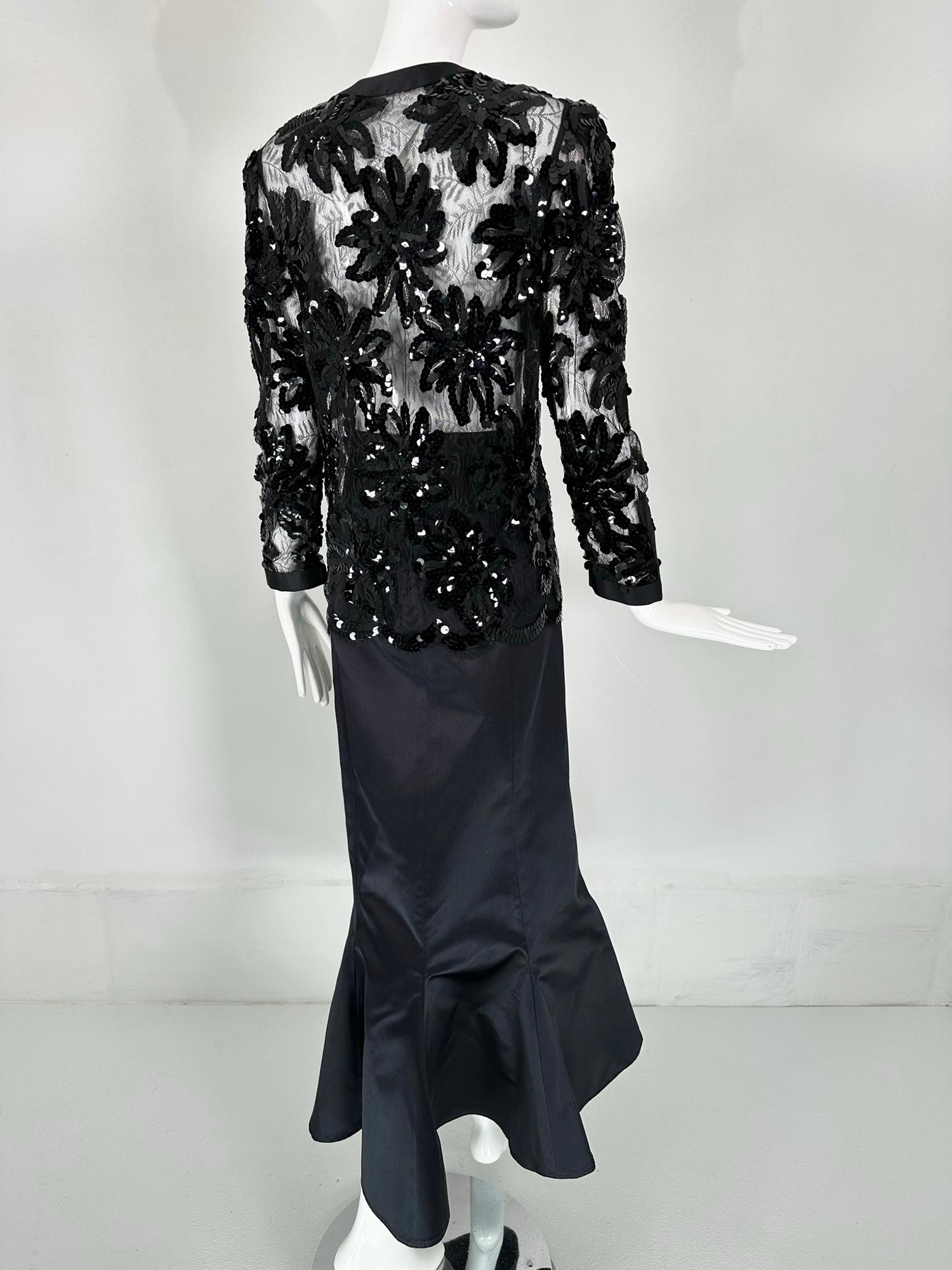 Adolfo Black Silk Sequins & Lace Jacket with Matching Mermaid Hem Skirt 1970s For Sale 2