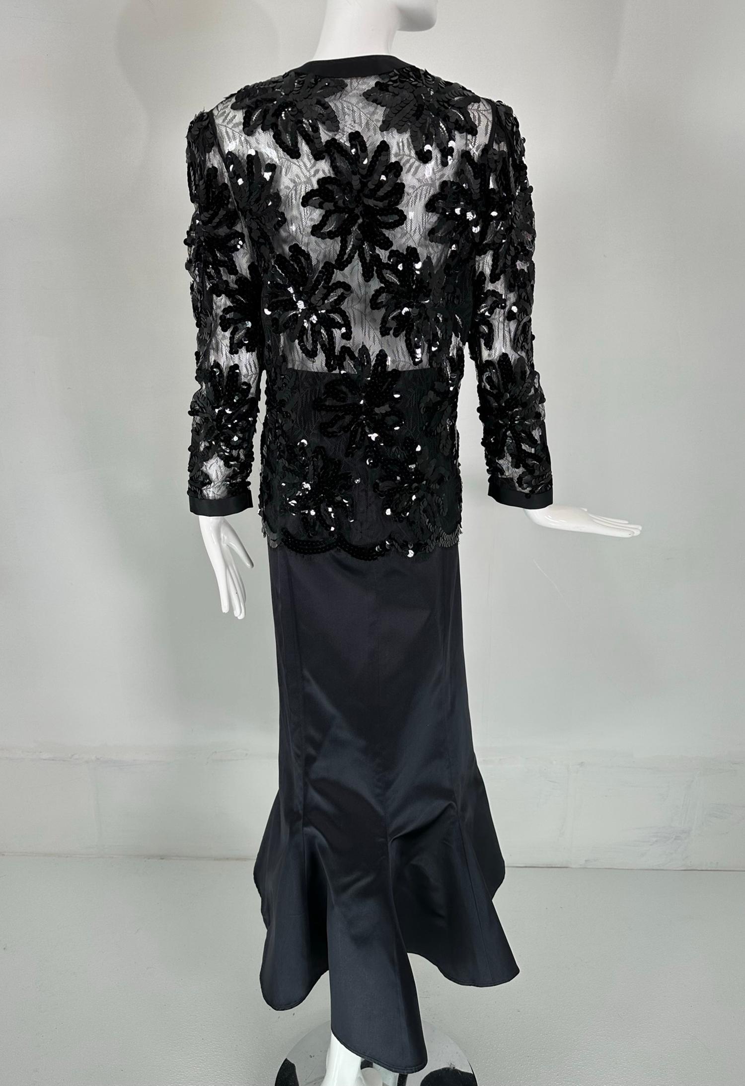 Adolfo Black Silk Sequins & Lace Jacket with Matching Mermaid Hem Skirt 1970s For Sale 3