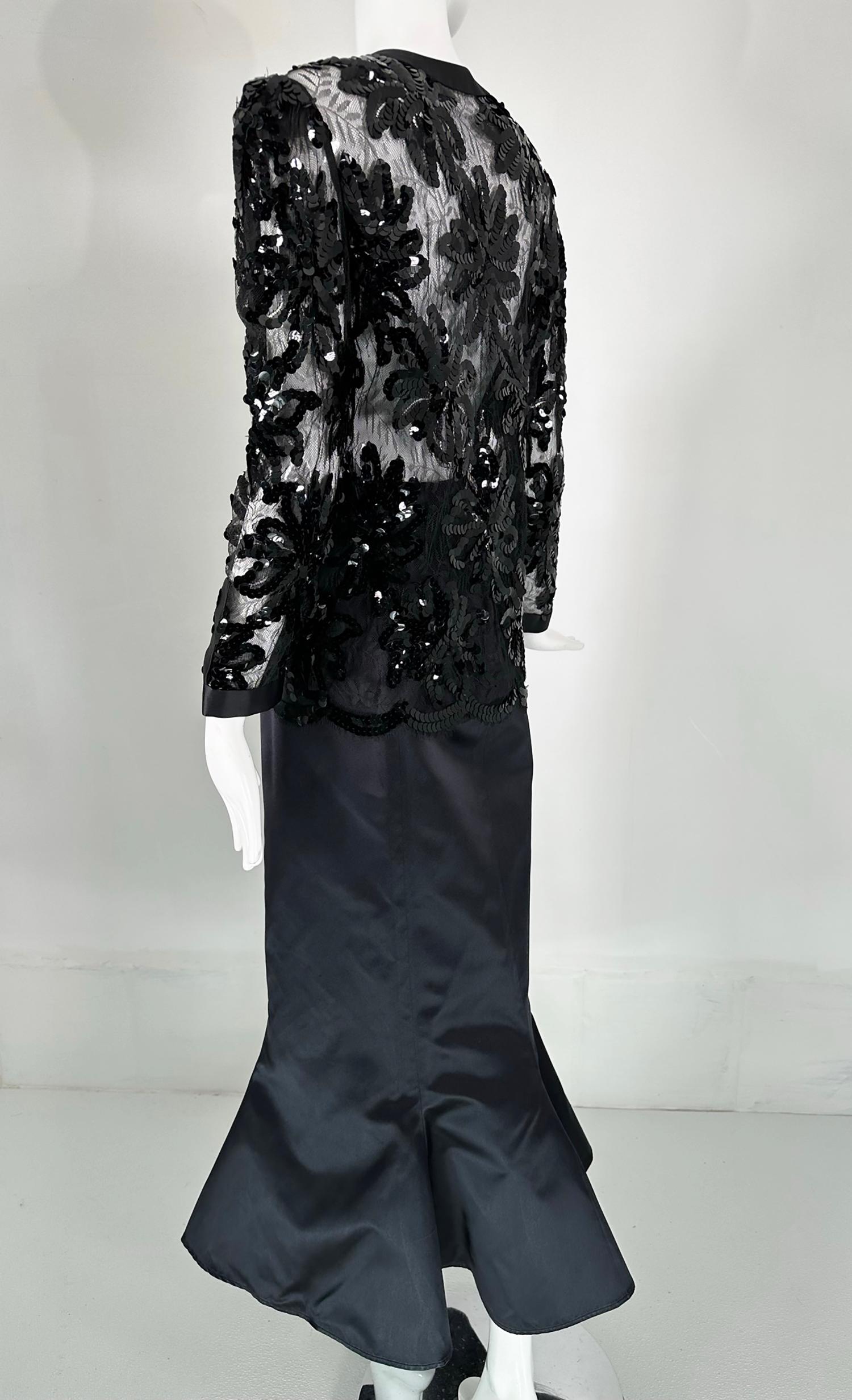 Adolfo Black Silk Sequins & Lace Jacket with Matching Mermaid Hem Skirt 1970s For Sale 4
