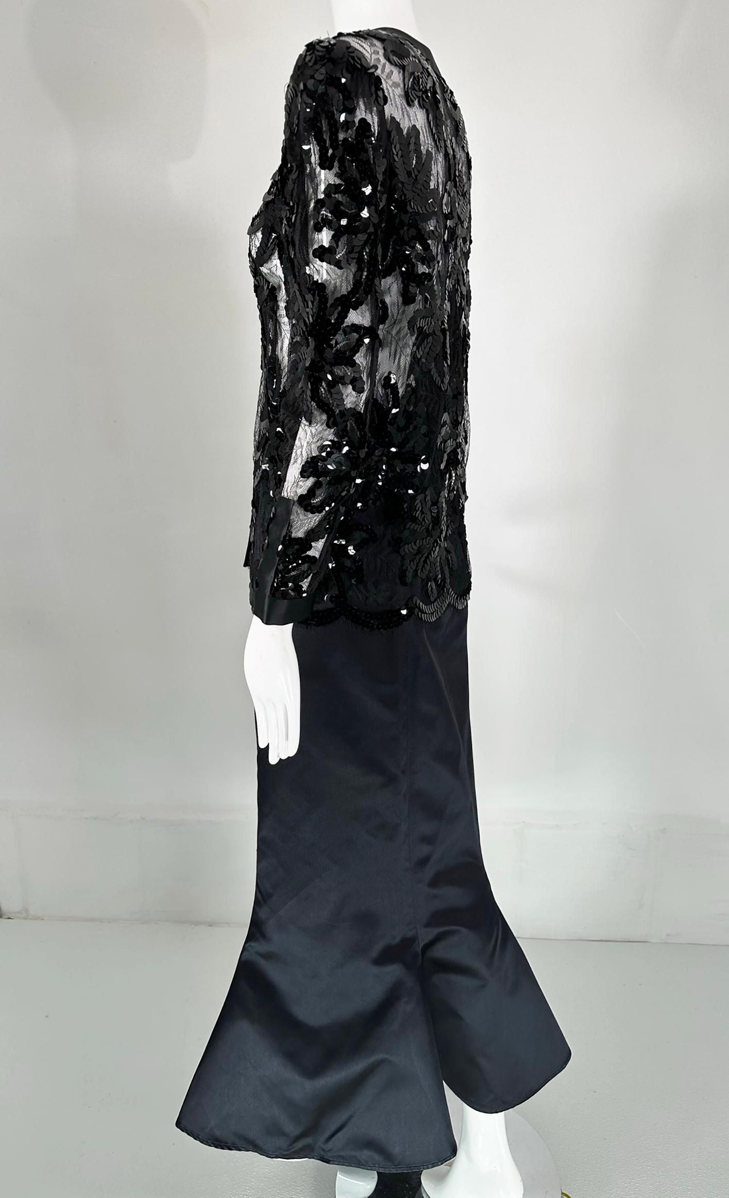 Adolfo Black Silk Sequins & Lace Jacket with Matching Mermaid Hem Skirt 1970s For Sale 5