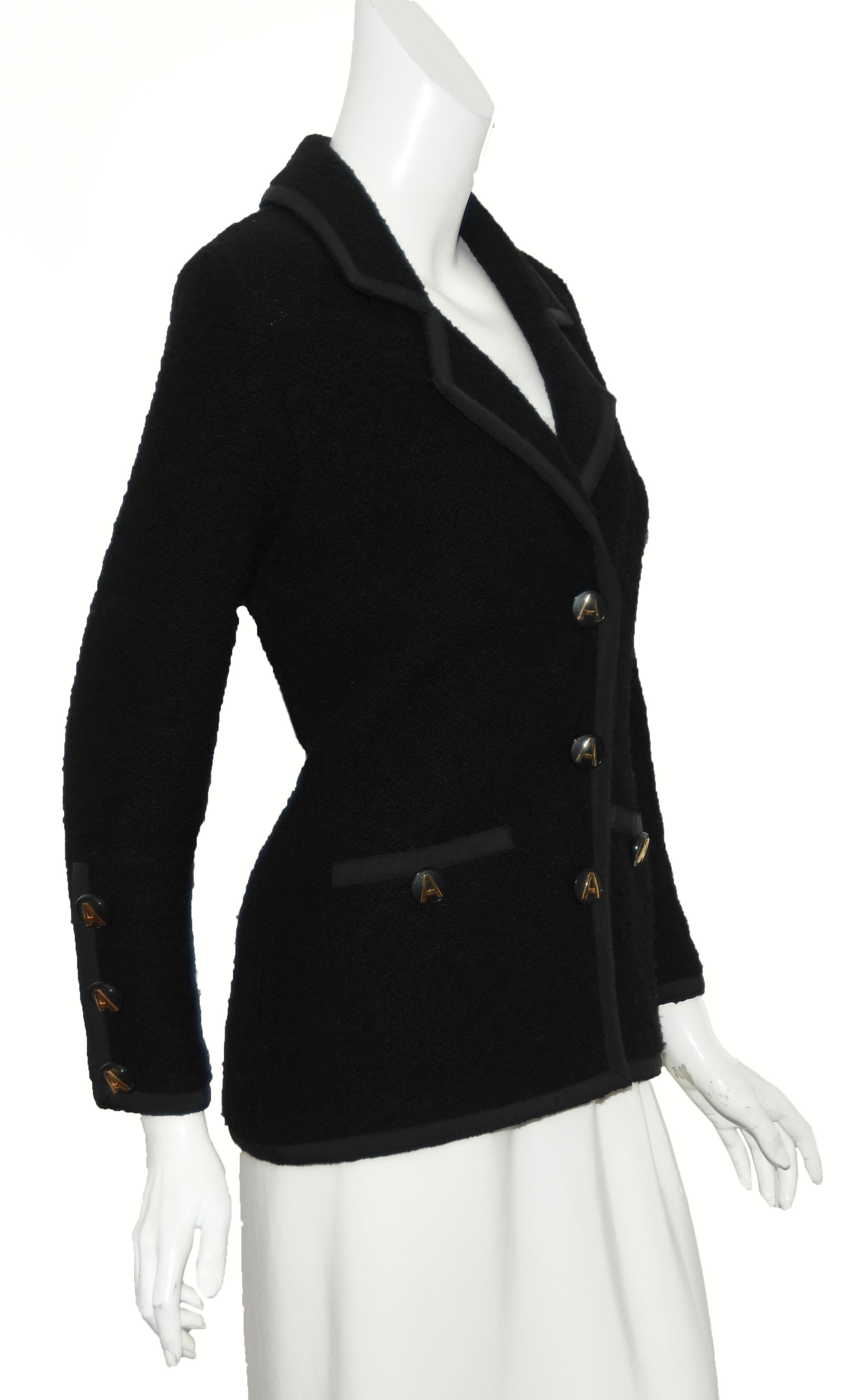 Women's Adolfo Black Tweed Grosgrain Trimmed Jacket W/ Adolfo Logo Buttons 