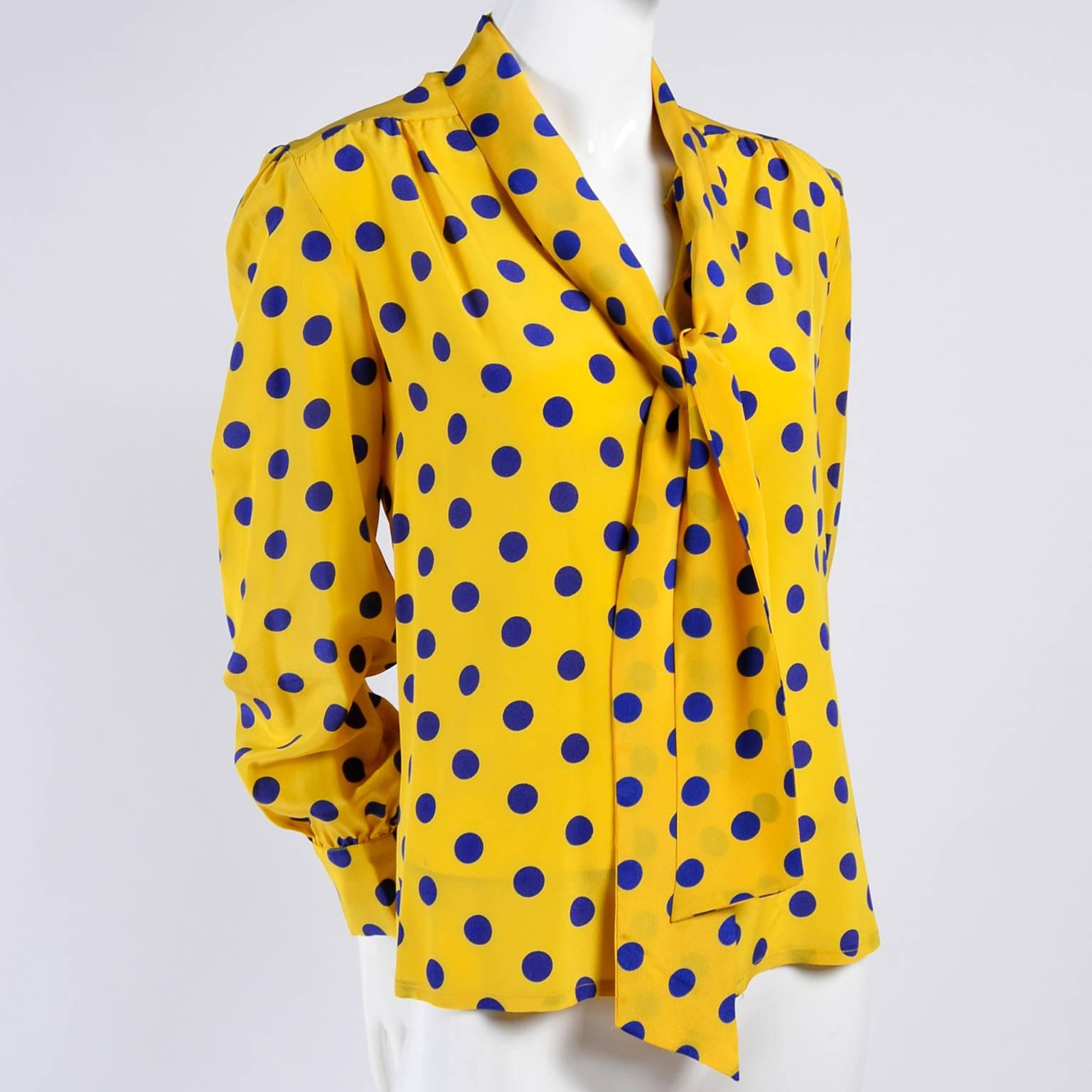 Adolfo Blouse in Yellow Silk With Blue Polka Dots and Bow In Excellent Condition In Portland, OR
