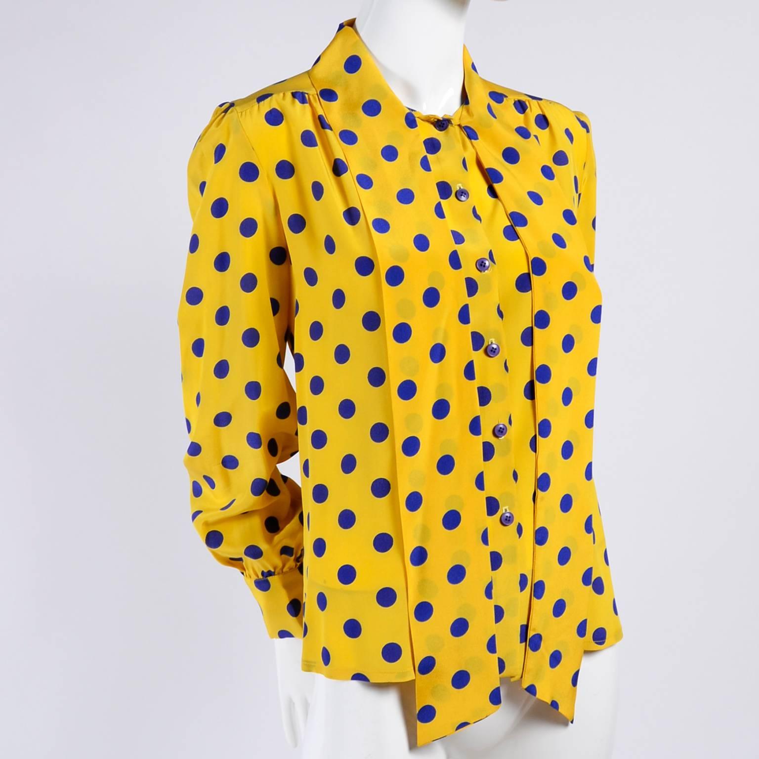 Women's Adolfo Blouse in Yellow Silk With Blue Polka Dots and Bow