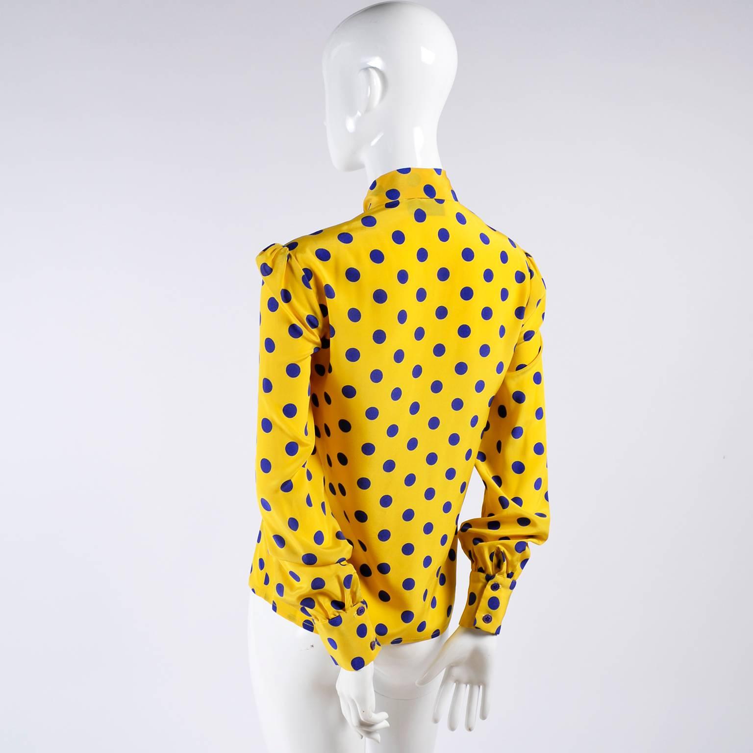 Adolfo Blouse in Yellow Silk With Blue Polka Dots and Bow 1