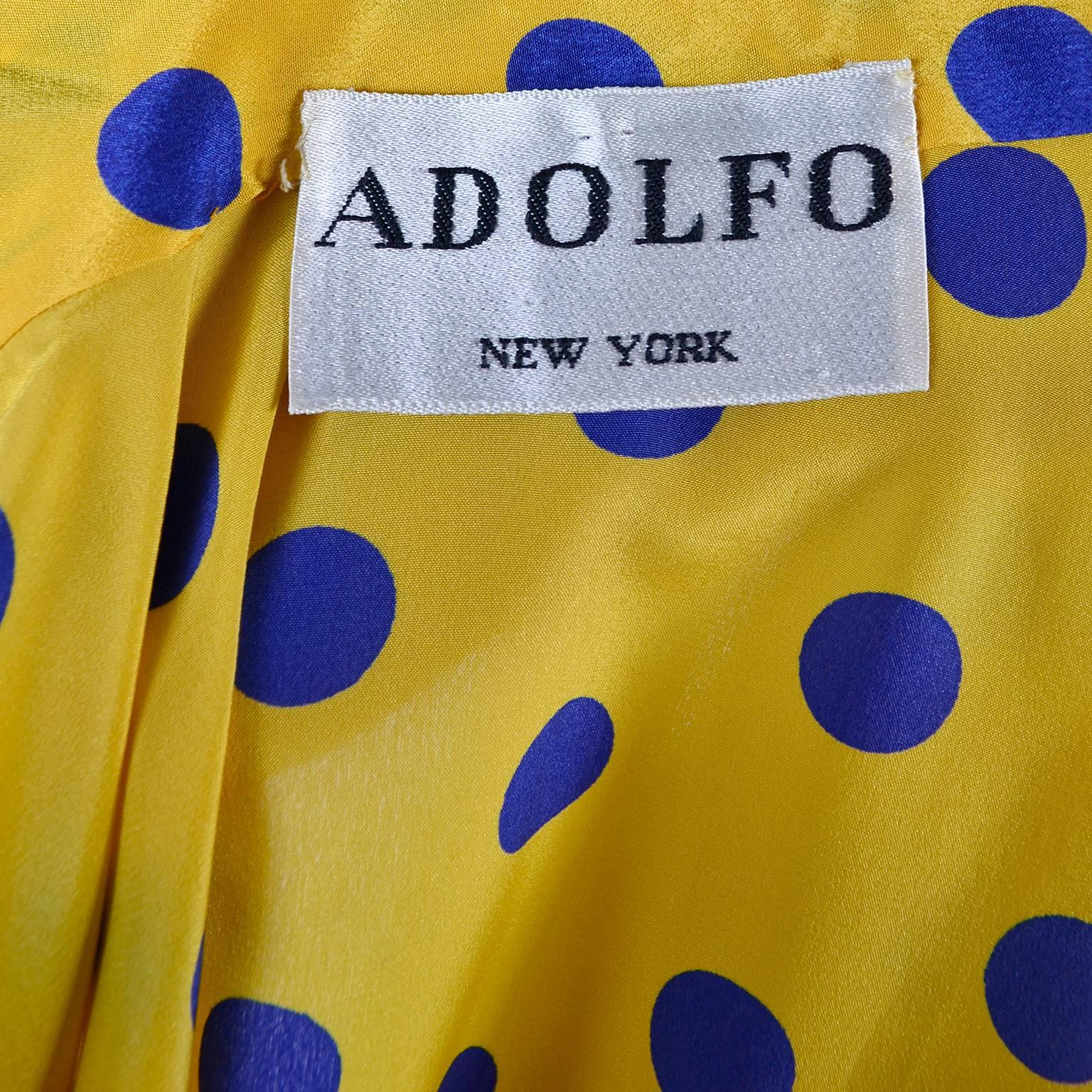 Adolfo Blouse in Yellow Silk With Blue Polka Dots and Bow 2